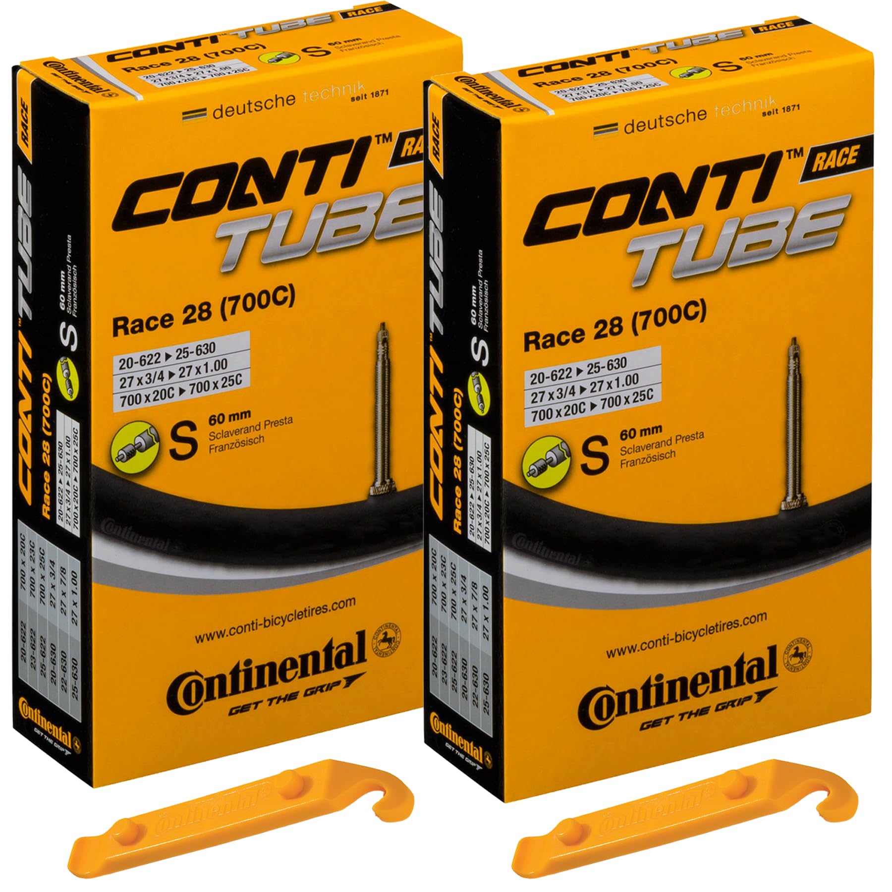 Continental Race 28" 700x20-25c Inner Tubes - 80mm Long Presta Valve (Pack of 2 Tubes w/ 2 Conti Tire Levers)