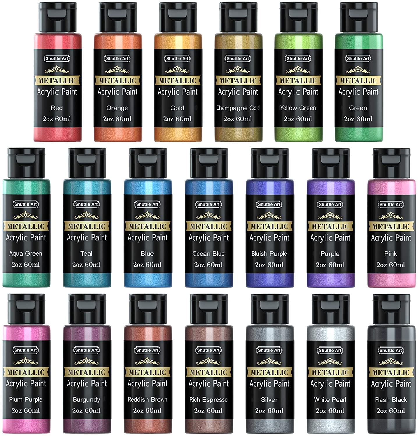 Shuttle ArtMetallic Acrylic Paint Set, 20 Colors Metallic Paint in Bottles (60ml, 2oz) with 3 Brushes and 1 Palette, Rich Pigments, Non-Toxic for Artists, Beginners on Rocks Crafts CanvasWood Fabric