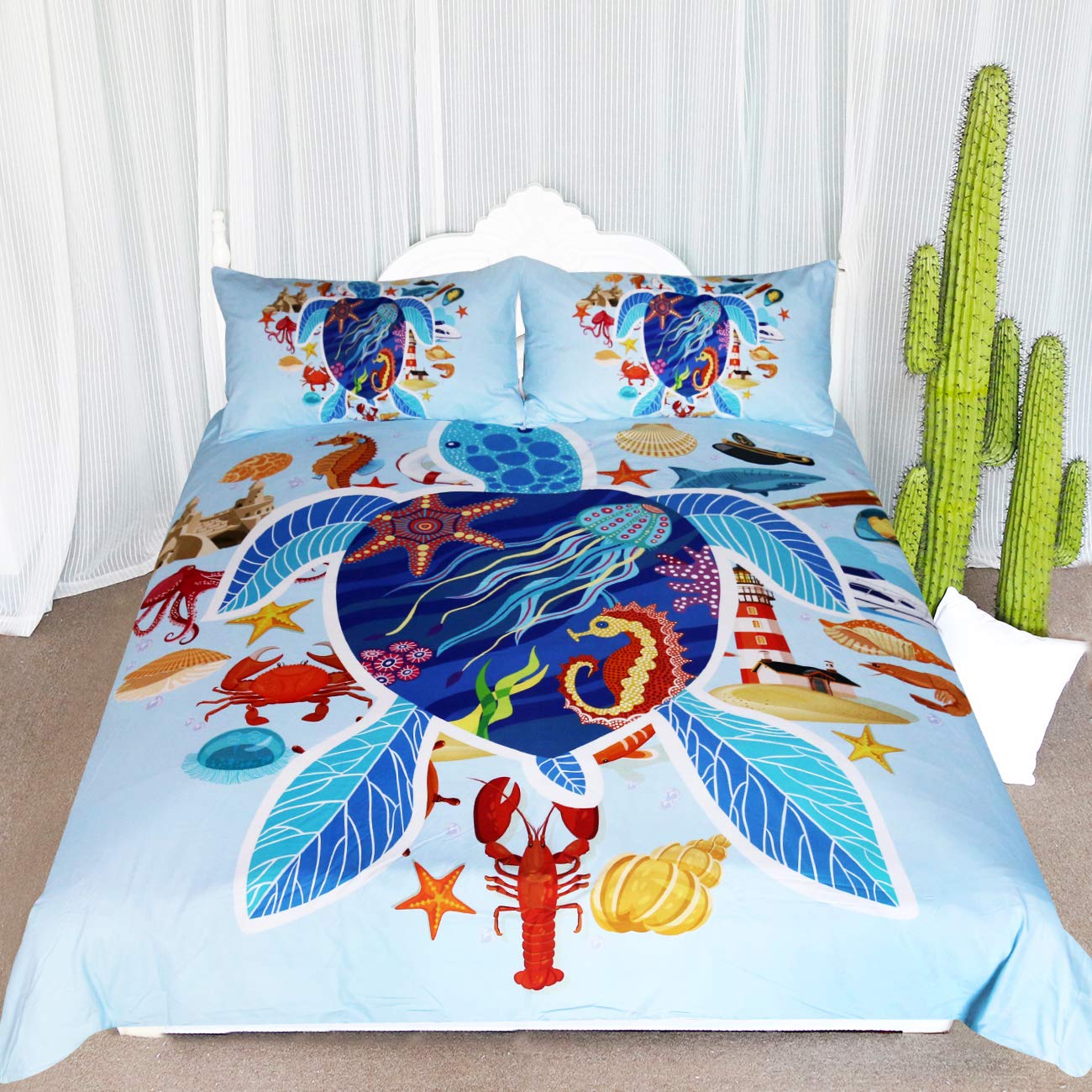 ARIGHTEX Sea Turtle Bedding Starfish Crab Seahorse Ocean Blue Bedspreads 3 Piece Kids Sea Creatures Duvet Cover Set (Queen)