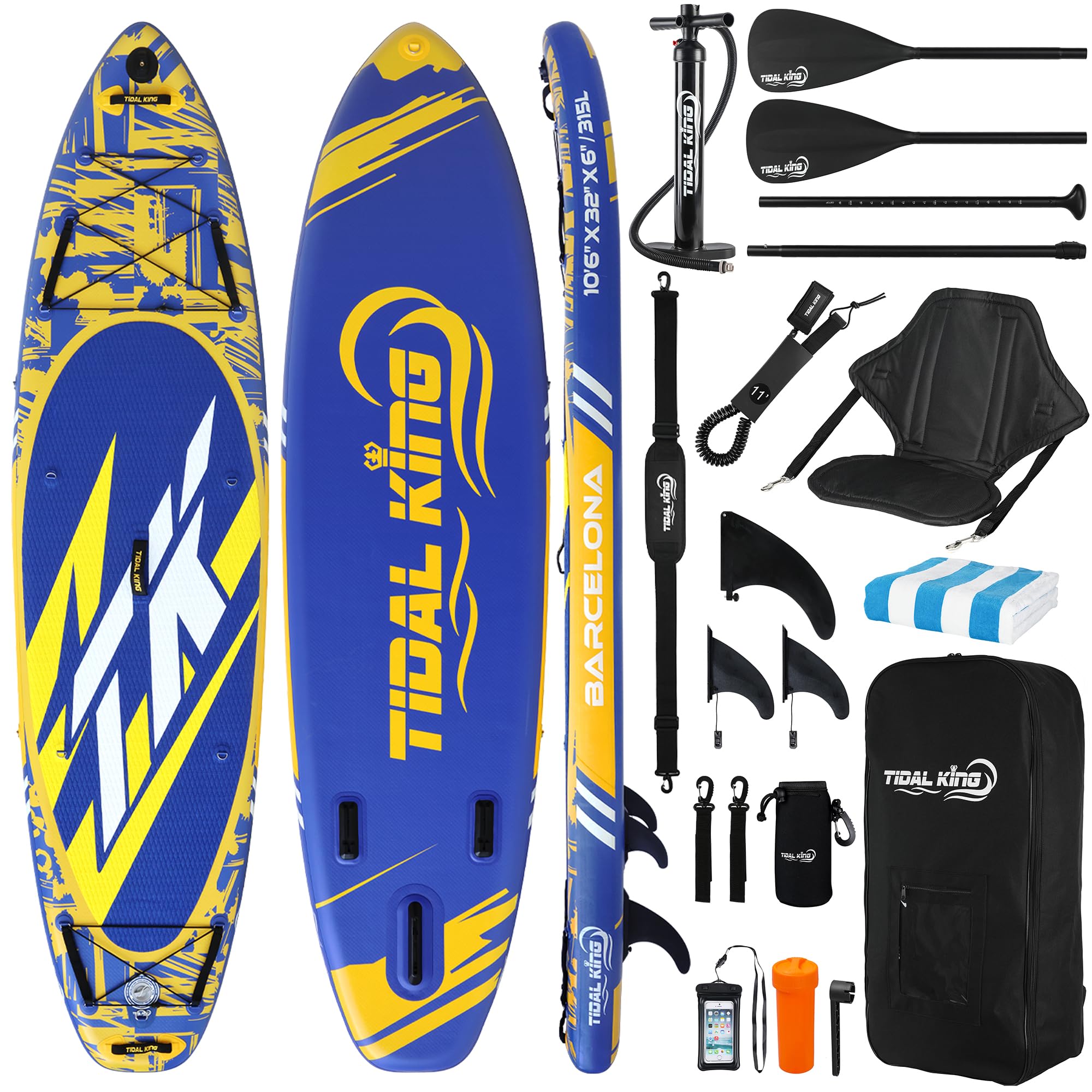 Tidal King 10'6 x 33/32 x 6 ISUP Inflatable Stand Up Paddle Board - Extra Wide for Added Stability, Adjustable Kayak Paddle & Seat, Bag, Phone Case & 2 Years Warranty