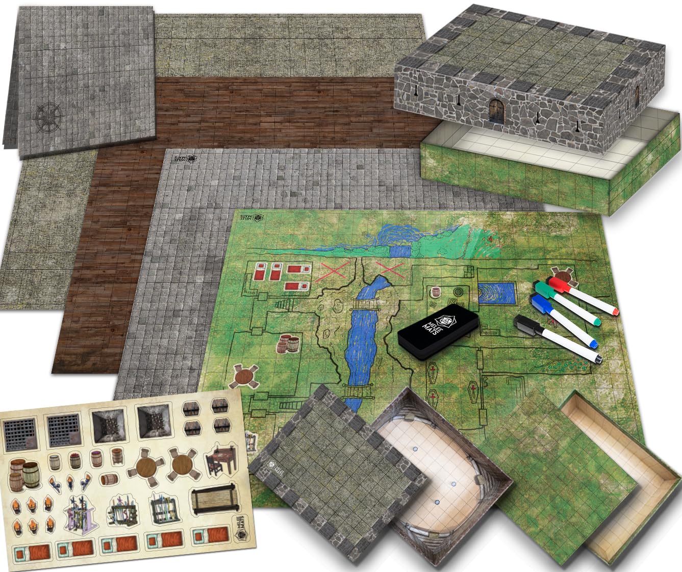 Melee Mats DND Map Starter Kit for Dungeons & Dragons Game - 22” x 26" Double Sided, Wet/Dry Erase Battle Terrain Grid - Ultimate Tabletop Board Gaming Experience with Accessories