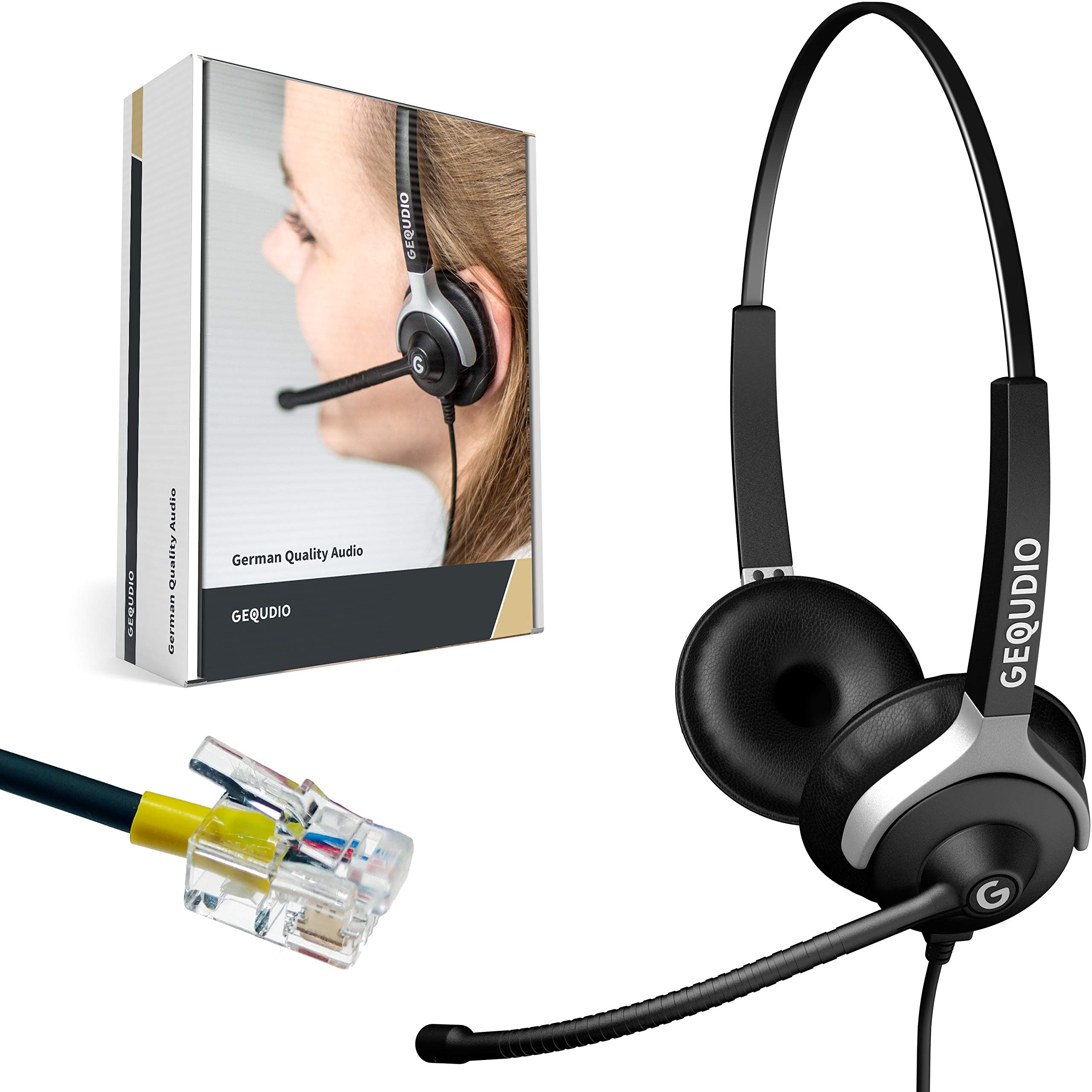 GEQUDIO Headset suitable for Mitel Aastra Fanvil Poly/Polycom and Gigaset phone - including RJ cable - Headphones and Microphone Replacement pads - 80g light