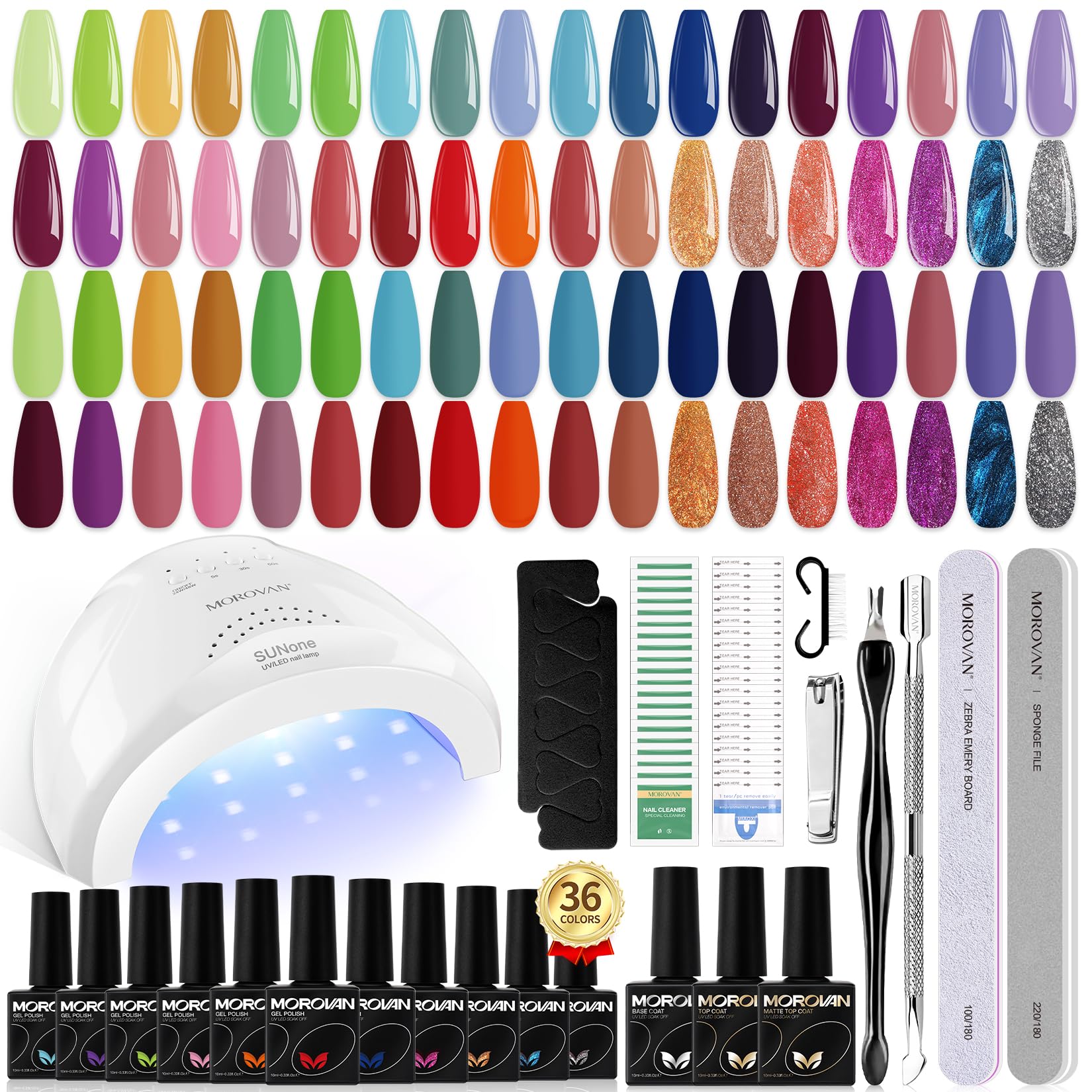 Morovan Gel Nail Polish Kit: 36 Colors Gel Nail Polish Set with with U V Light Soak Off Gel Nail Kit with Pure & Glitter Gel Polish for Beginner Nail Art DIY Manicure