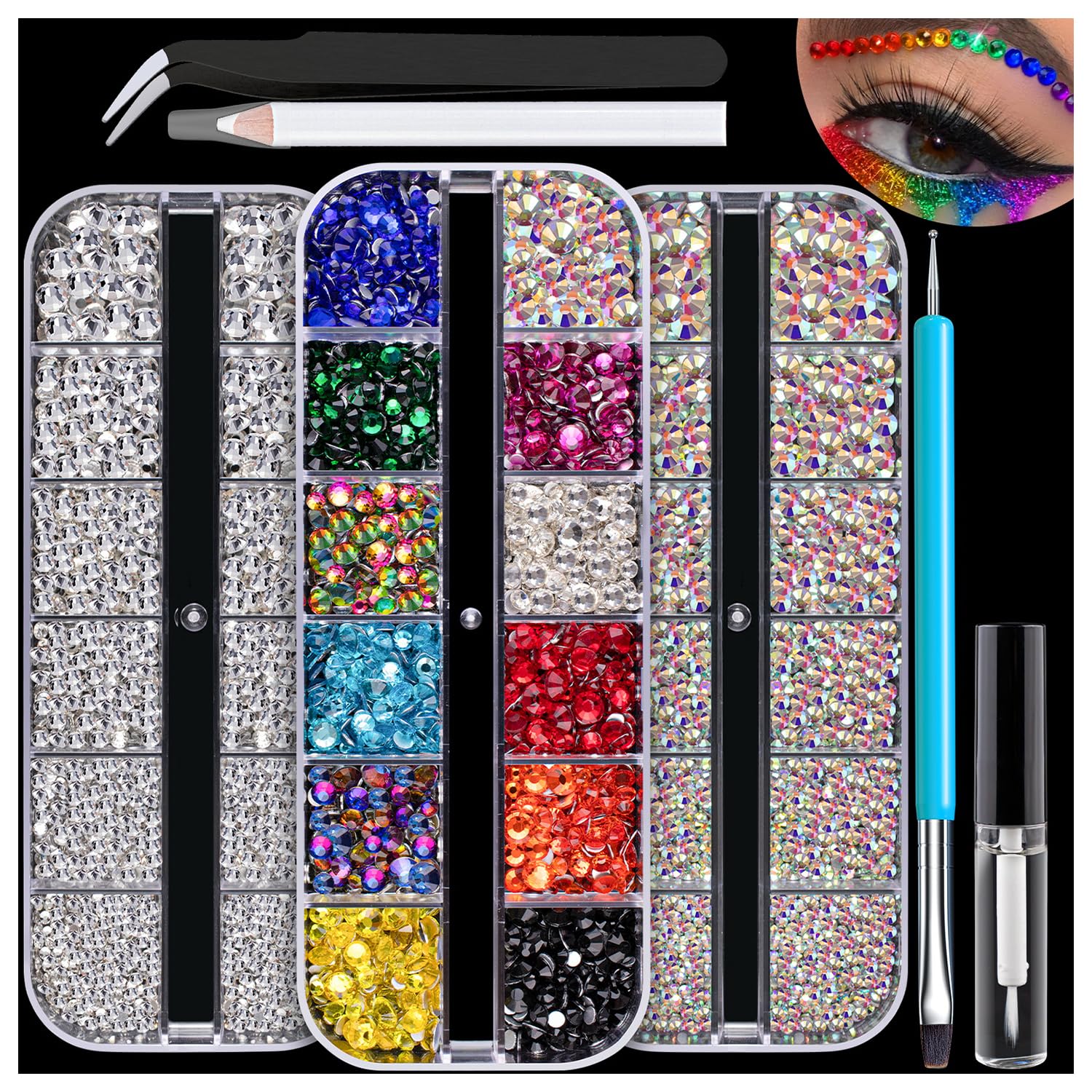 Colorful Face Gems for Makeup Set, Flatback Gorgeous AB+Clear+Mixed-Colored Glass Crystals with Makeup Glue, Tweezer, Dual-End Dotting Tool, Picker Pencil for Eye Body Hair Make-up and Nail Art Deco