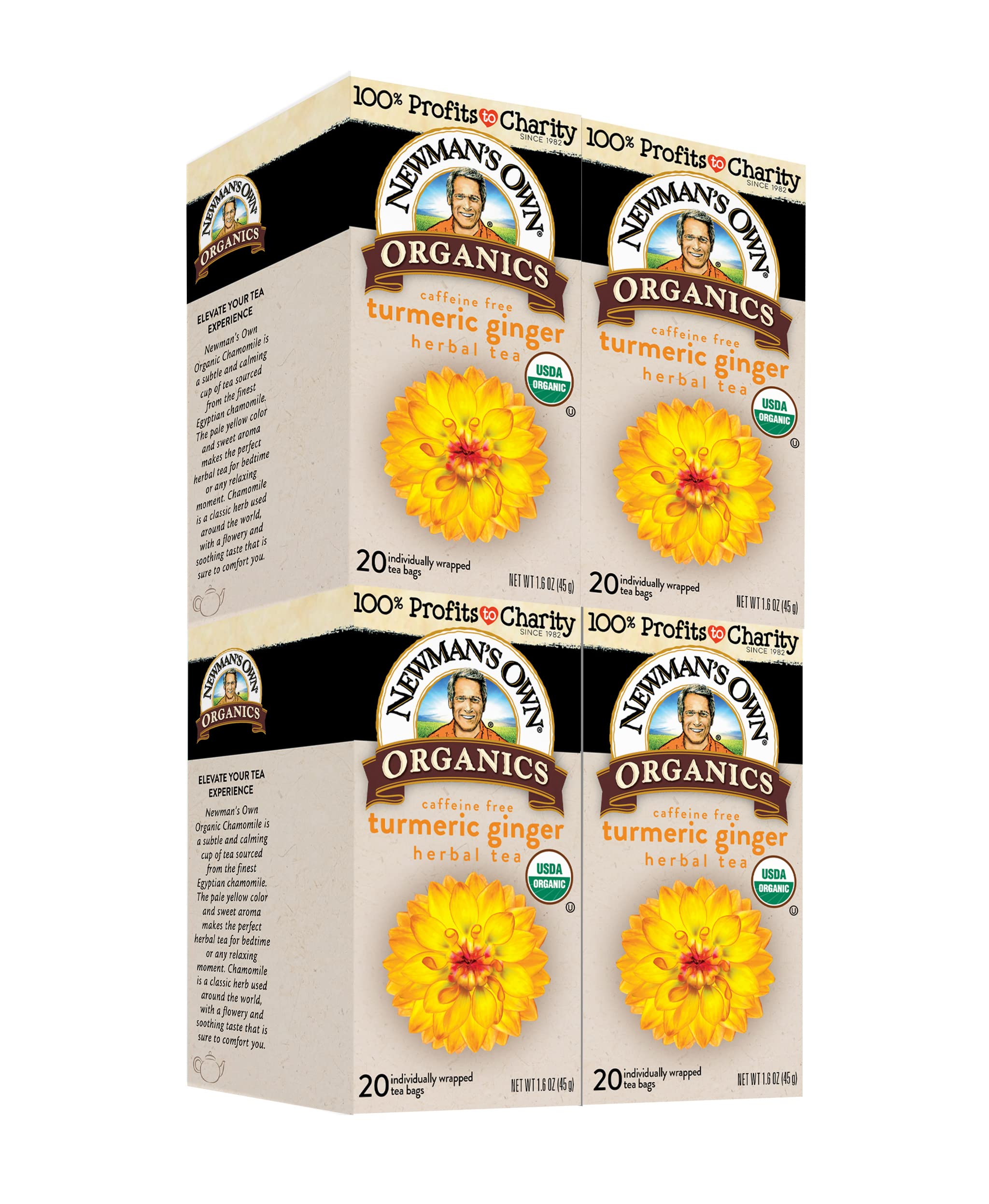 Newman’s Own Organic Turmeric Ginger Herbal Tea Caffeine-Free May Aid Digestion and Boost Immunity Turmeric Tea with20 Individually Wrapped Tea Bags Per Box (Pack of 4) USDA Certified