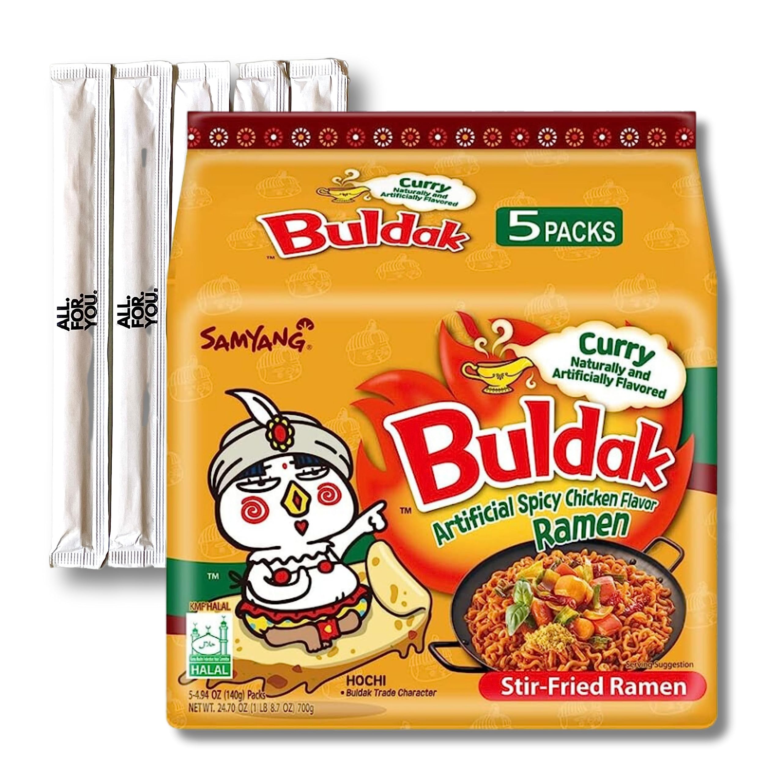 Buldak Ramen Noodles - Curry Flavor - 5 Pack - Spicy Ramen Noodles Buldak Ramen Korean Spicy Hot Chicken Stir-Fried Noodles Bundle with 5 ALL.FOR.YOU. Branded Chopsticks