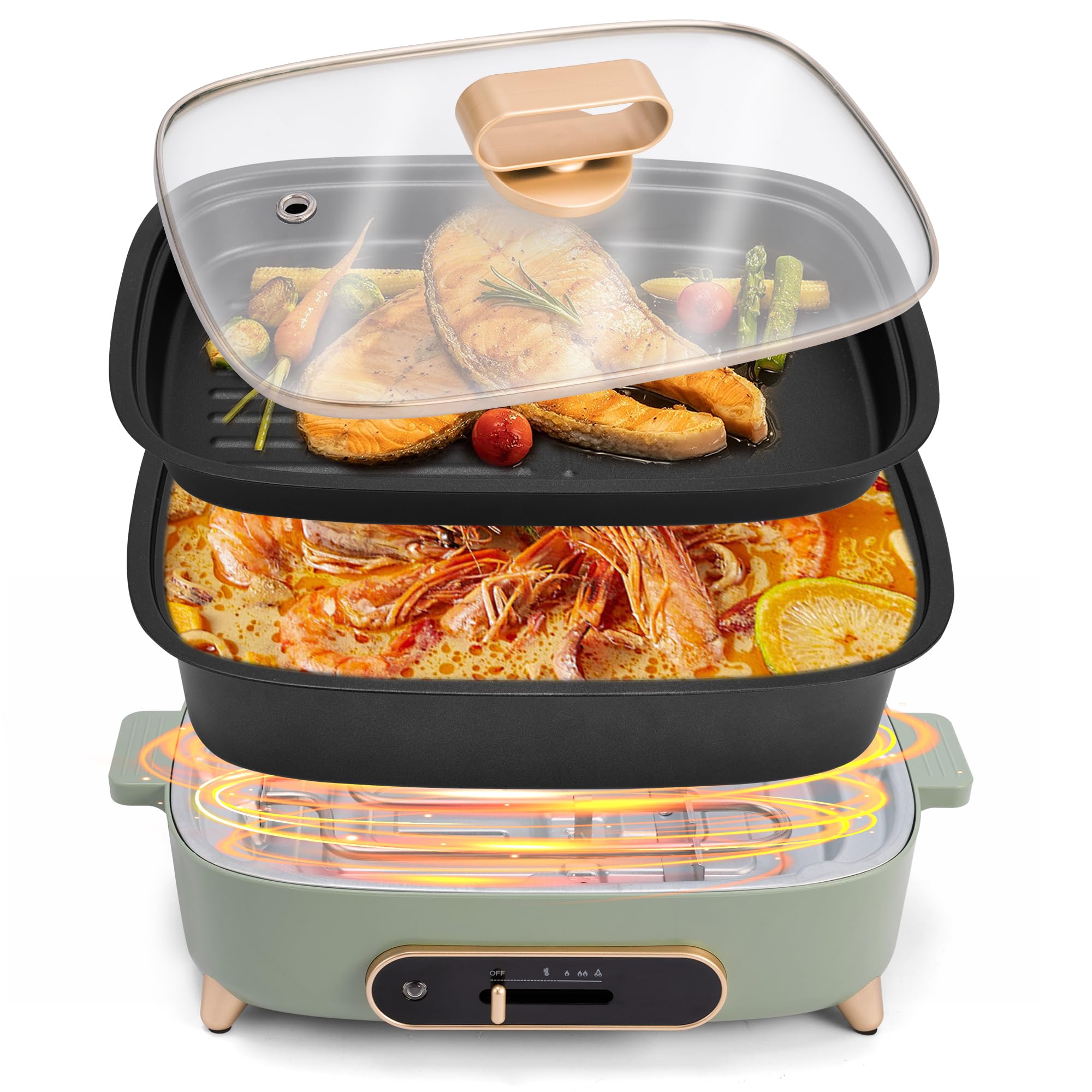 SUSTEAS2 in 1 Electric HotPot with Removable Grill Pan, Non-Stick Skillet & 4L Shabu Shabu Pot,1200W with Slide Power Control for Frying,Grilling,Outdoor Camping BBQ, Family & Friend Gathering Party