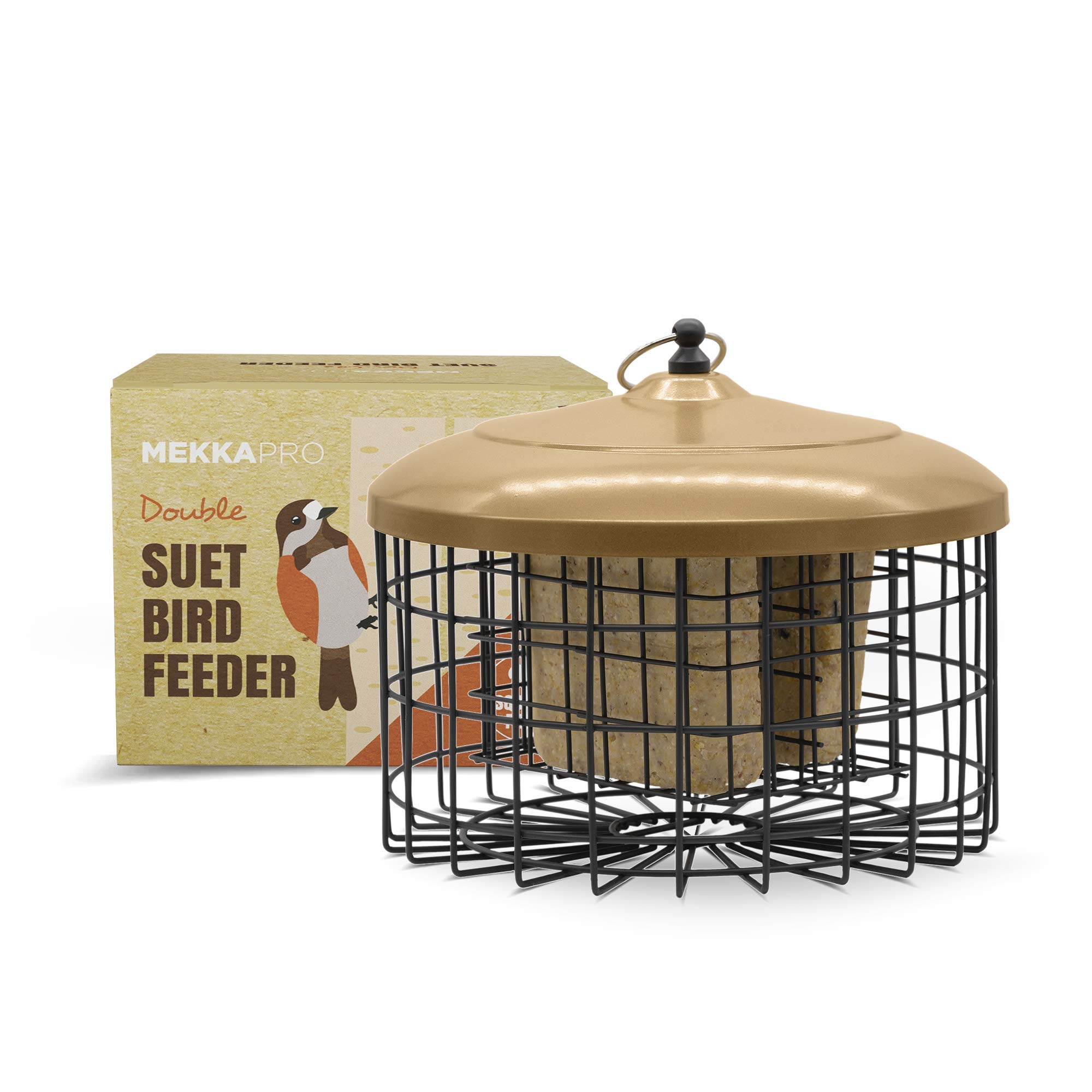 MEKKAPRO Bird Feeder Squirrel Proof with Hanging Metal Roof, Bird Feeder for Outside Wild Birds, Two Suet Capacity, Very Adaptable and Easy to Use Wild Bird Feeder, Caged Design