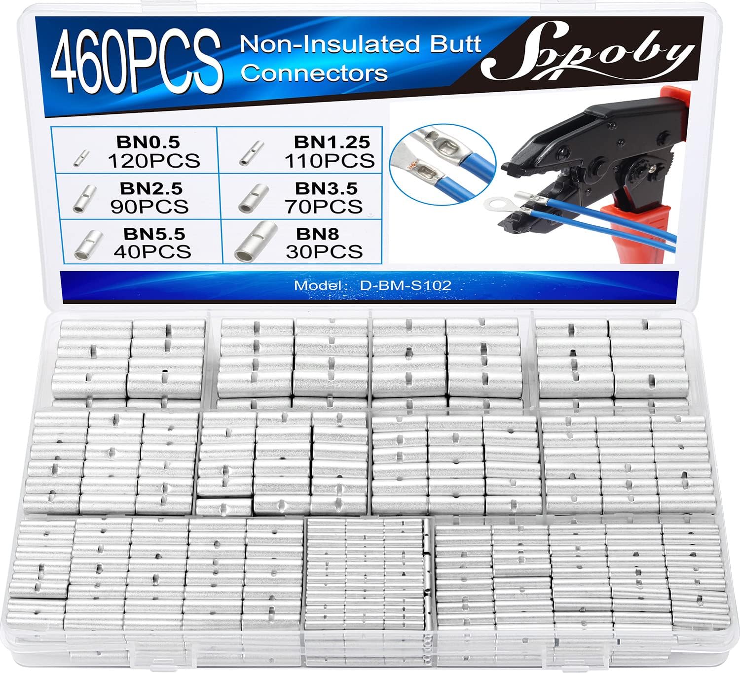 460PCS Non Insulated Butt Connectors Kit, Sopoby Butt Splice Connectors, 24-8 Gauge Uninsulated Wire Connectors of Tinned Red Copper, Electrical Crimp Terminals