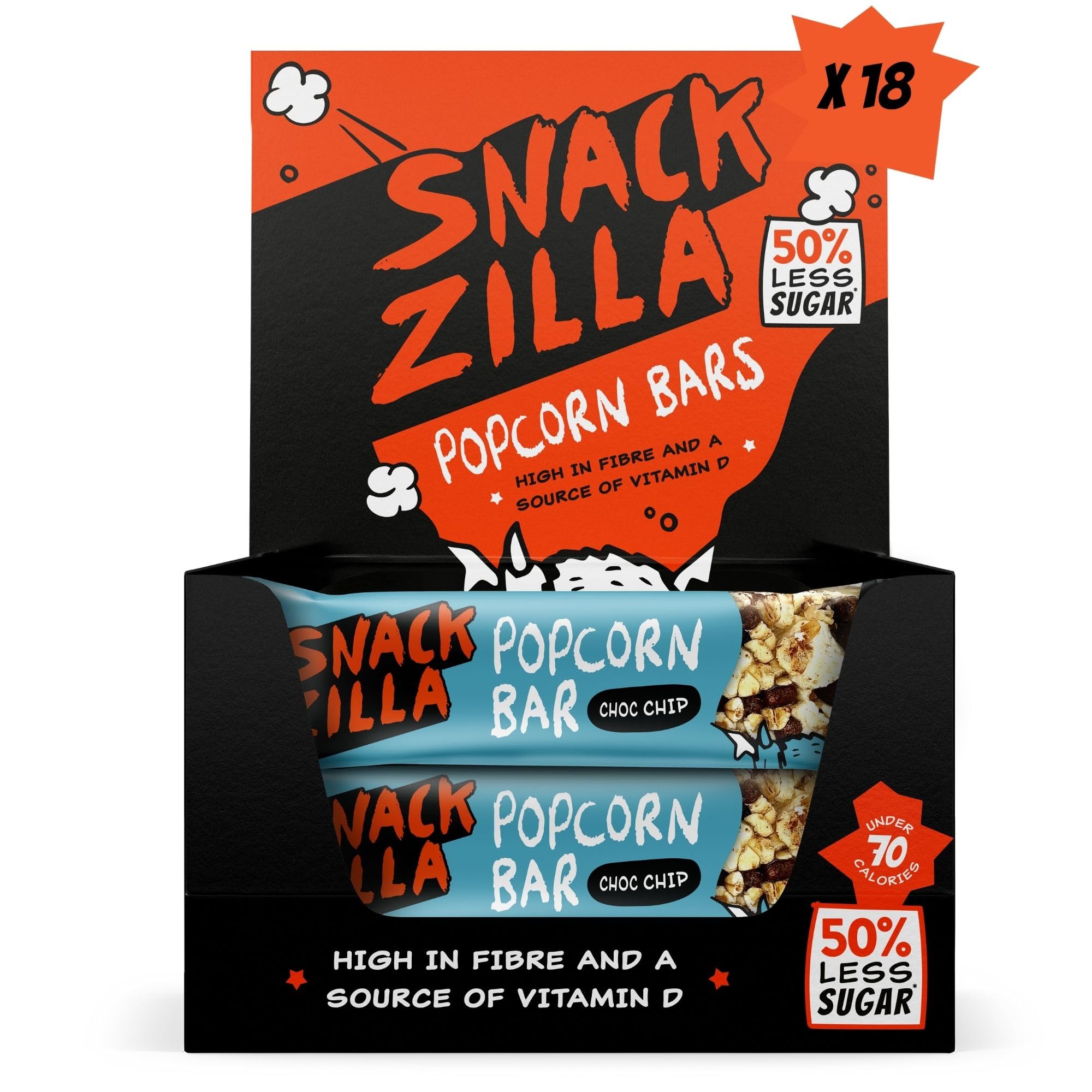 SNACKZILLA Chocolate Chip Popcorn Bars, 66 Calories, Healthy Snacks For Adults & Kids Snack Bars, Pop Corn & Chocolate Cereal Bars, Vegetarian Snack, High Fibre Bars & Vit D, Lunchbox Snack (18 x 19g)