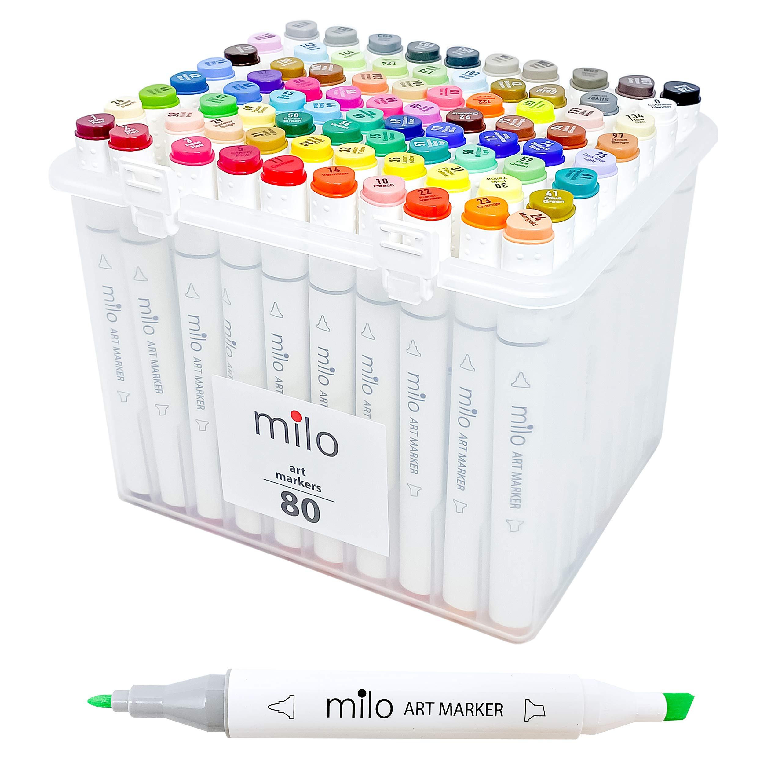 MILO 80 Art Marker Set Dual Tip Artist Markers | Bullet Tip and Chisel Tip | Alcohol Based Coloring Markers | Includes Marker Storage Box Carrying Case