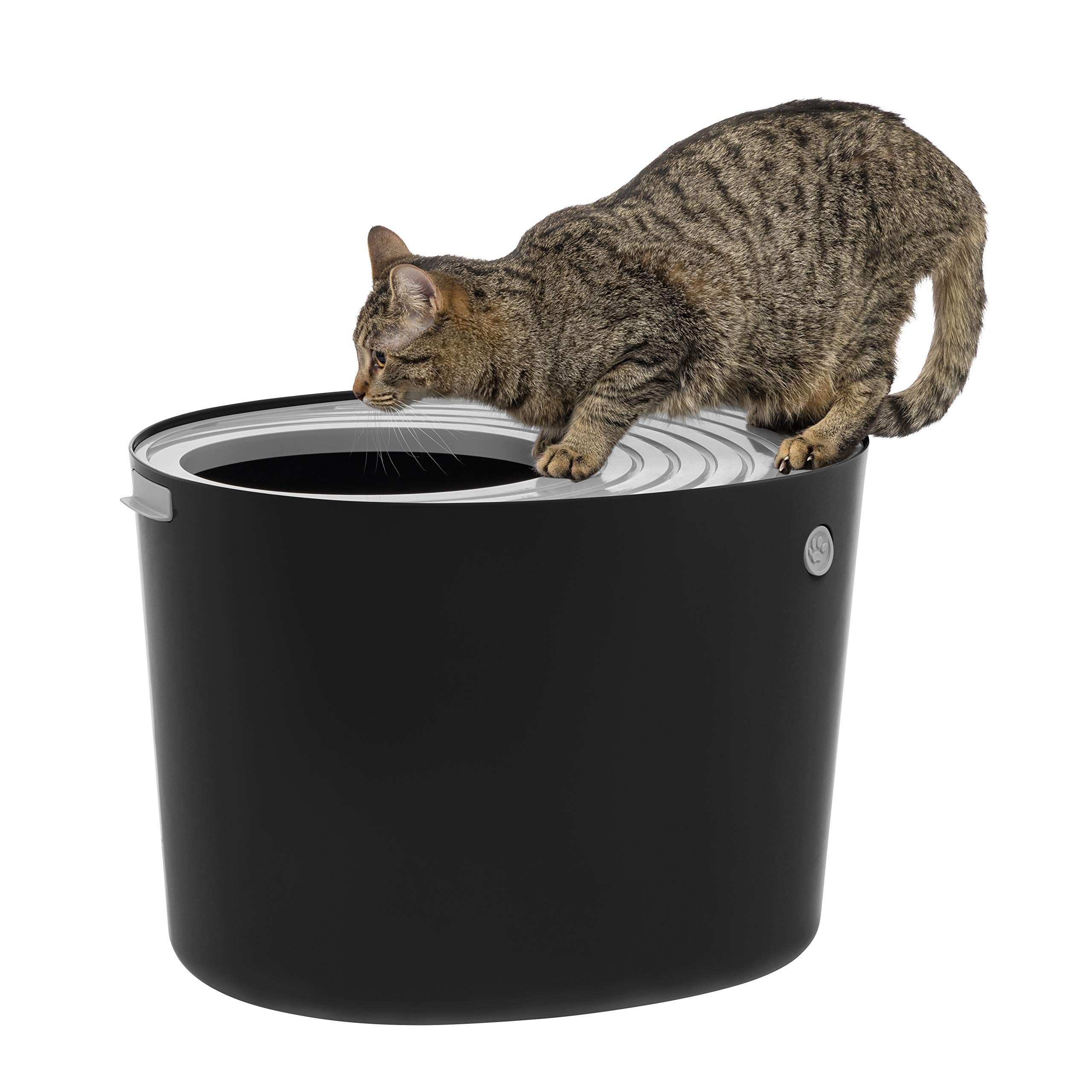 IRIS USA Cat Litter Box, Top Entry Litter Box with Scoop, Stylish Round Cat Litter Box Enclosure, Kitty Litter Box, Black/Gray