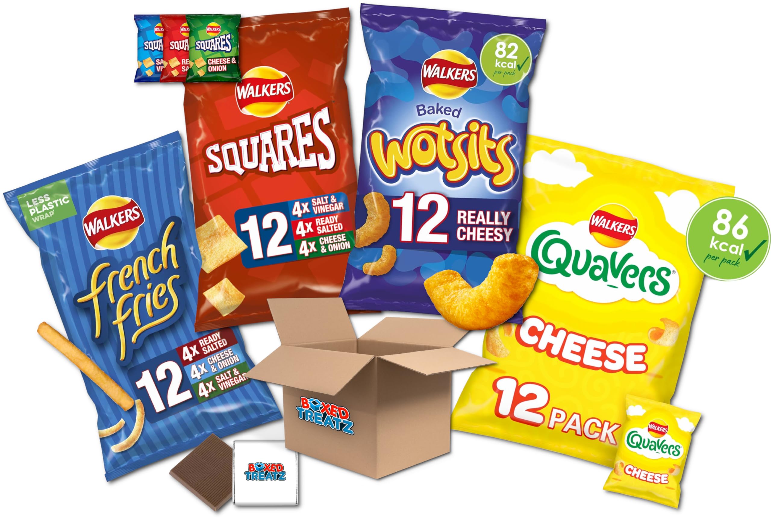 Walkers Crisps Under 100 Calories Crisps Snack Box | Wotsits | Quavers | French Fries | Squares (Case of 48 Packs) Deliciously Light Snacks Selection Box Under 100 Calories Per Bag Boxed Treatz