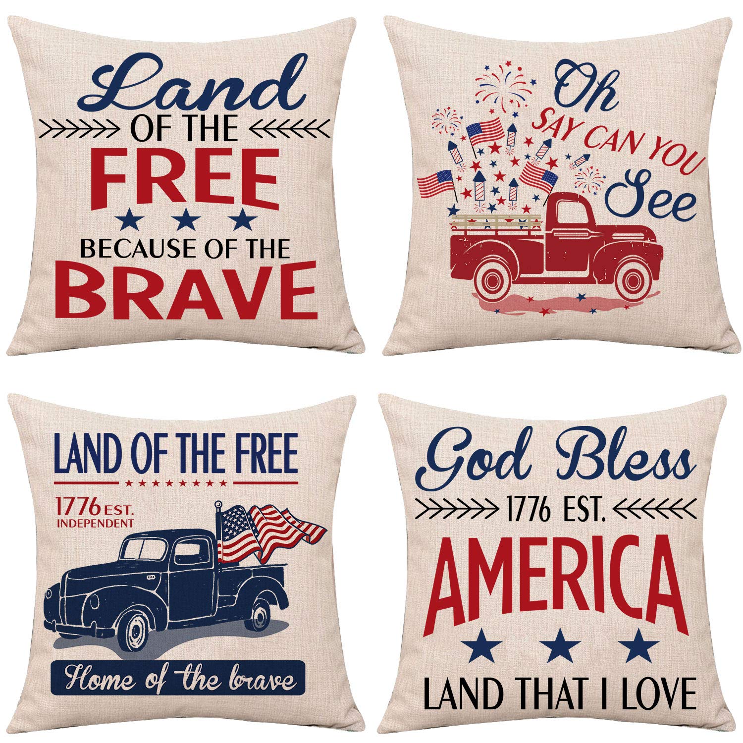 Whaline 4 Pieces July 4th Pillow Cover, Independence Day Cushion Case, American Pillow Shams, Patriotic Throw Pillowslip Text & Truck Pillow Cases for Sofa, Couch, Bedroom Home Decor (18" x 18")