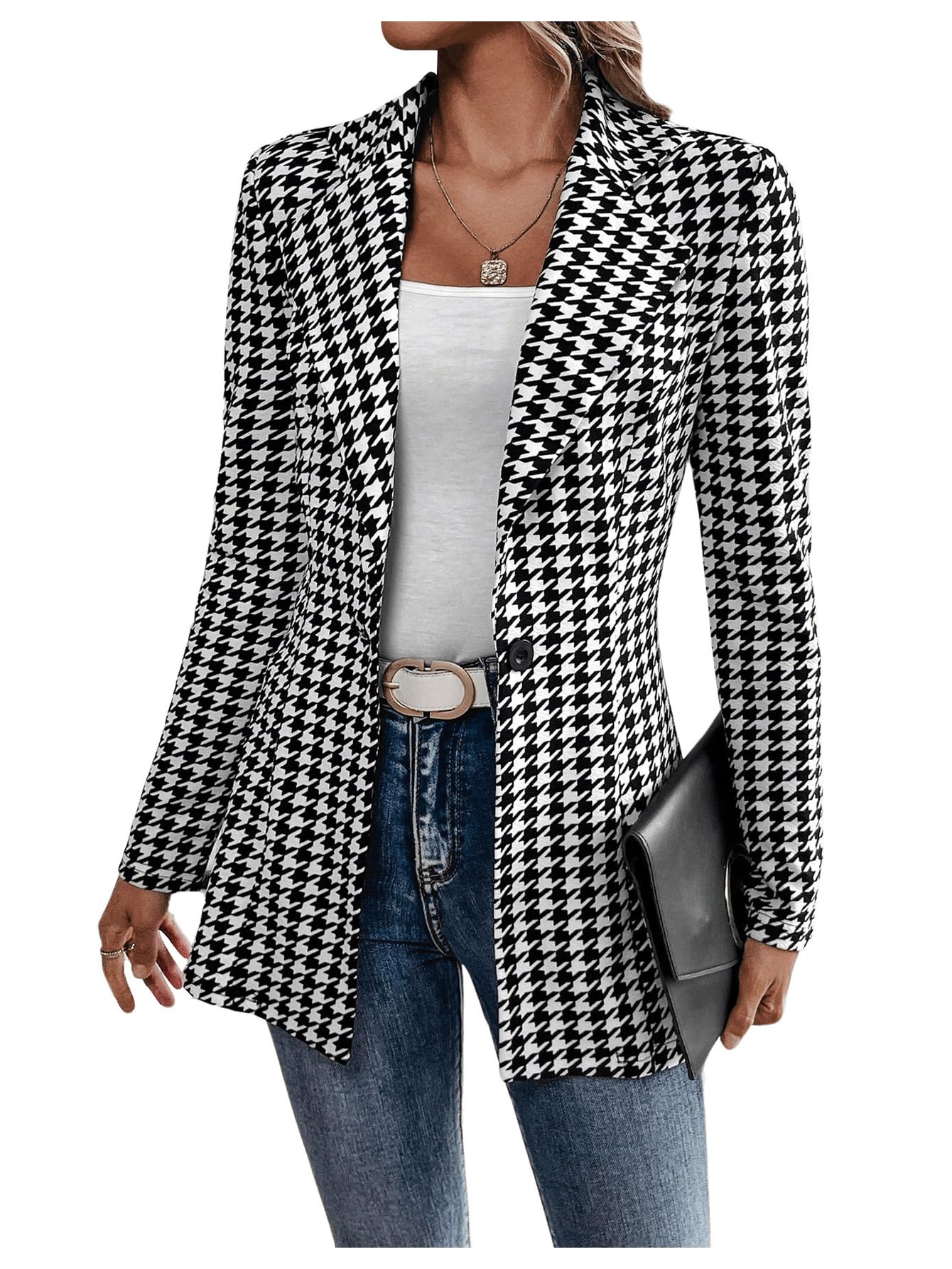 GORGLITTER Women's Houndstooth Long Sleeve Button Blazer Jackets Trendy Open Front Casual Business Work Office Blazers