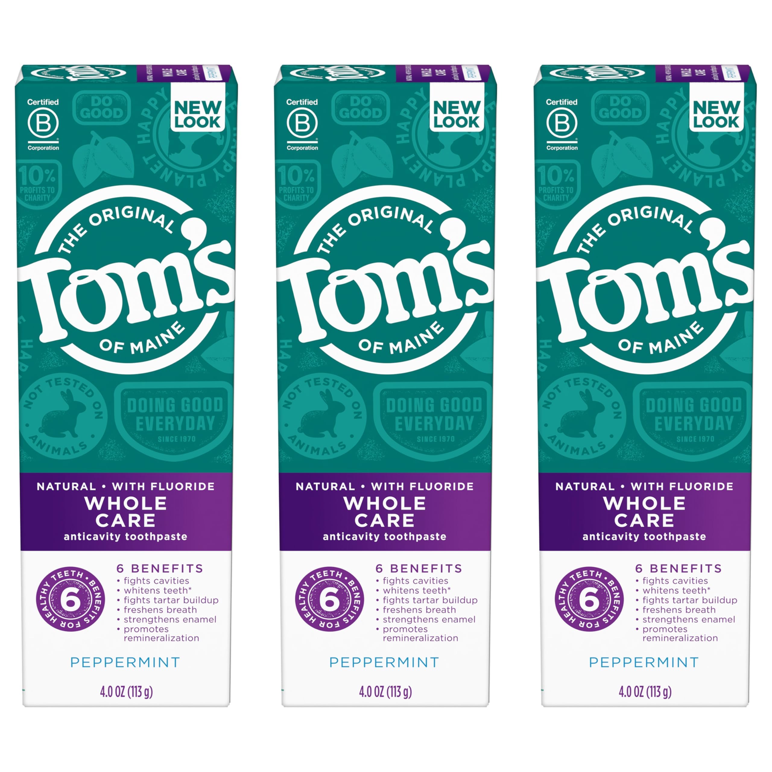 Tom's of Maine Whole Care Natural Toothpaste with Fluoride, Peppermint, 4 oz. 3-Pack (Packaging May Vary)