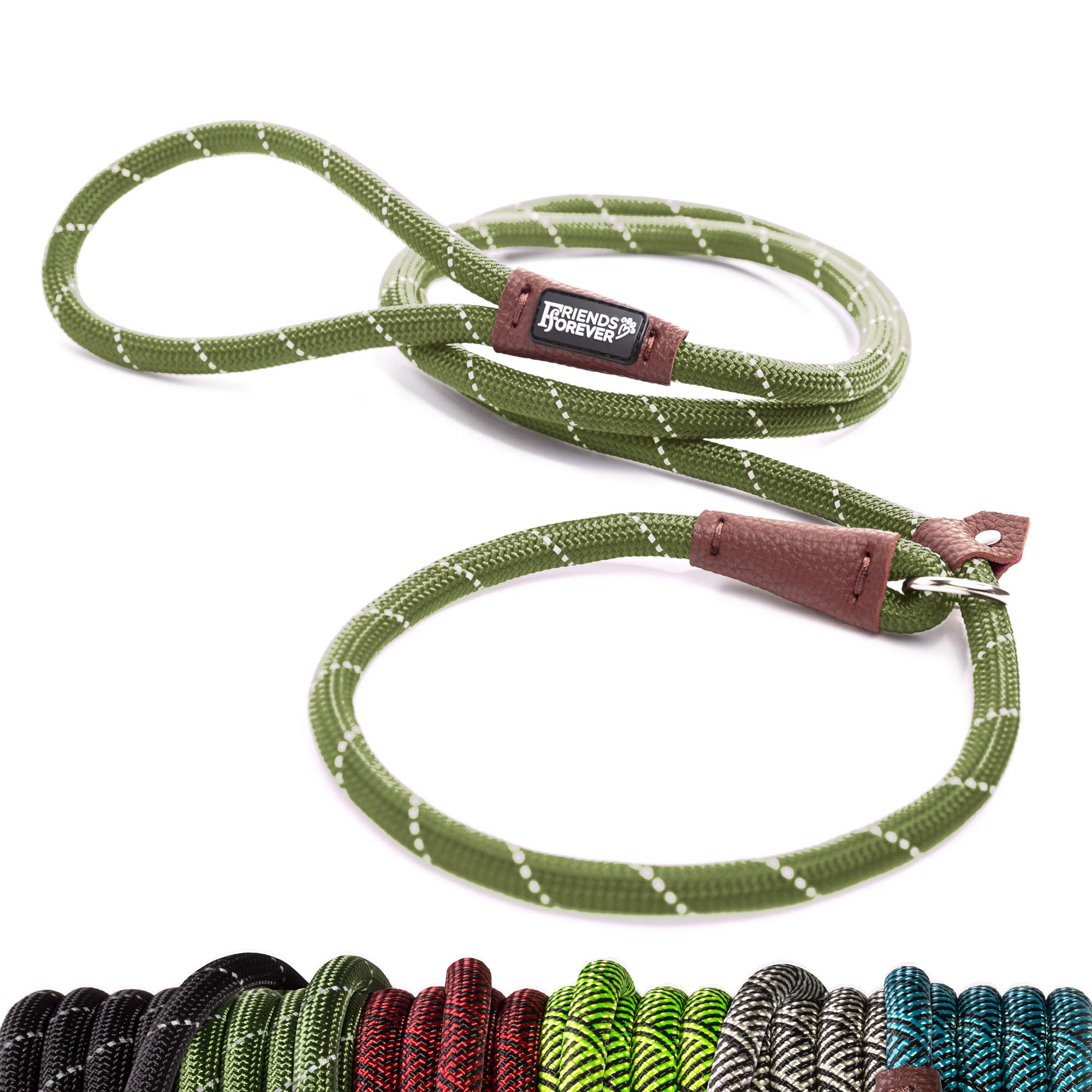 Friends ForeverExtremely Durable Dog Rope Leash, Premium Quality Training Slip Lead, Reflective, Thick Heavy Duty, Sturdy Nylon, Comfortable For The Strong Large Medium Small Pets 6 feet, Olive