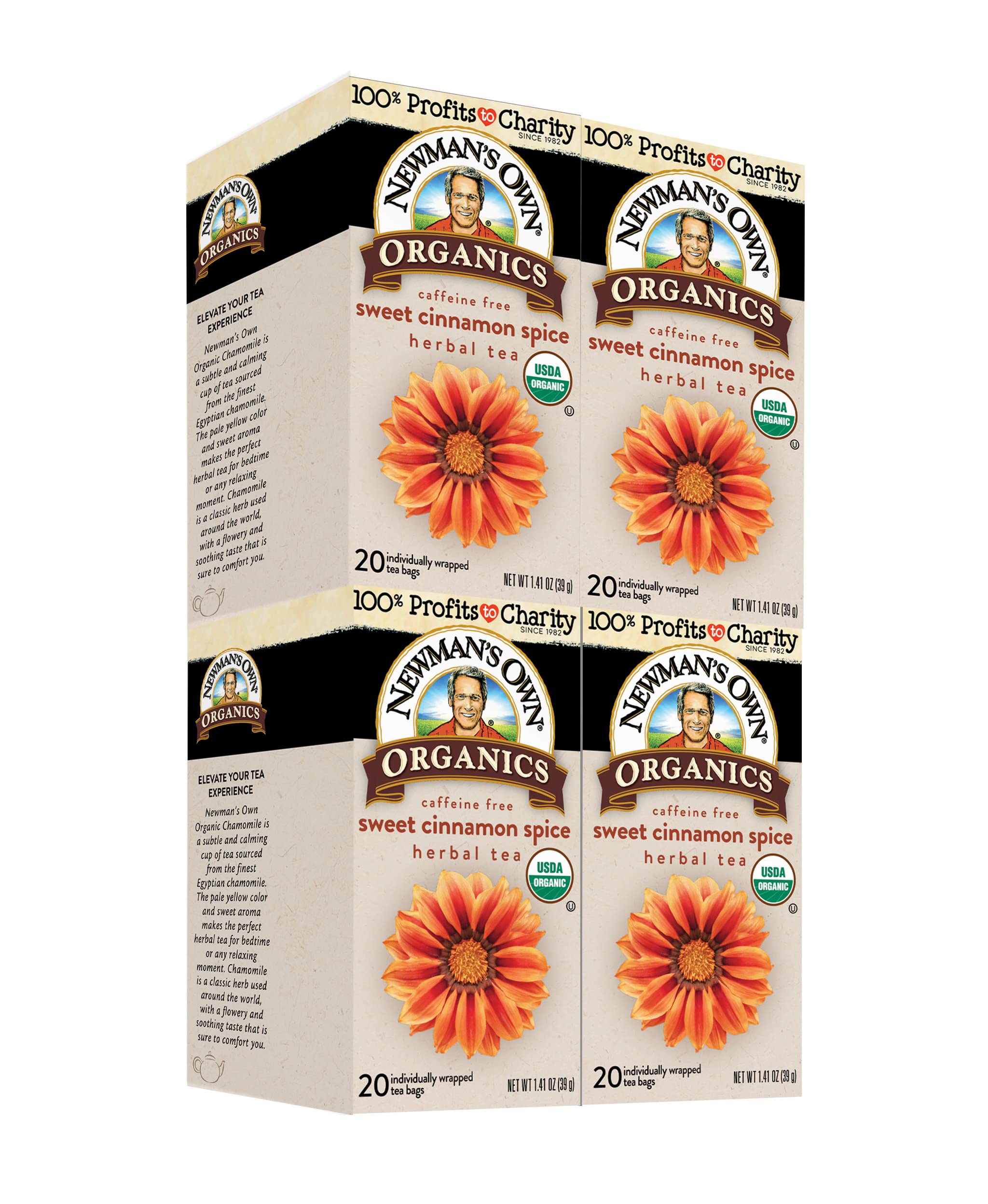 Newman's OwnOrganic Sweet Cinnamon Spice Herbal Tea with Rooibos Tea with Organic Ginger 20 Individually Wrapped Tea Bags Per Box (Pack of 4) USDA Certified and Kosher Cinnamon Tea Caffeine-Free