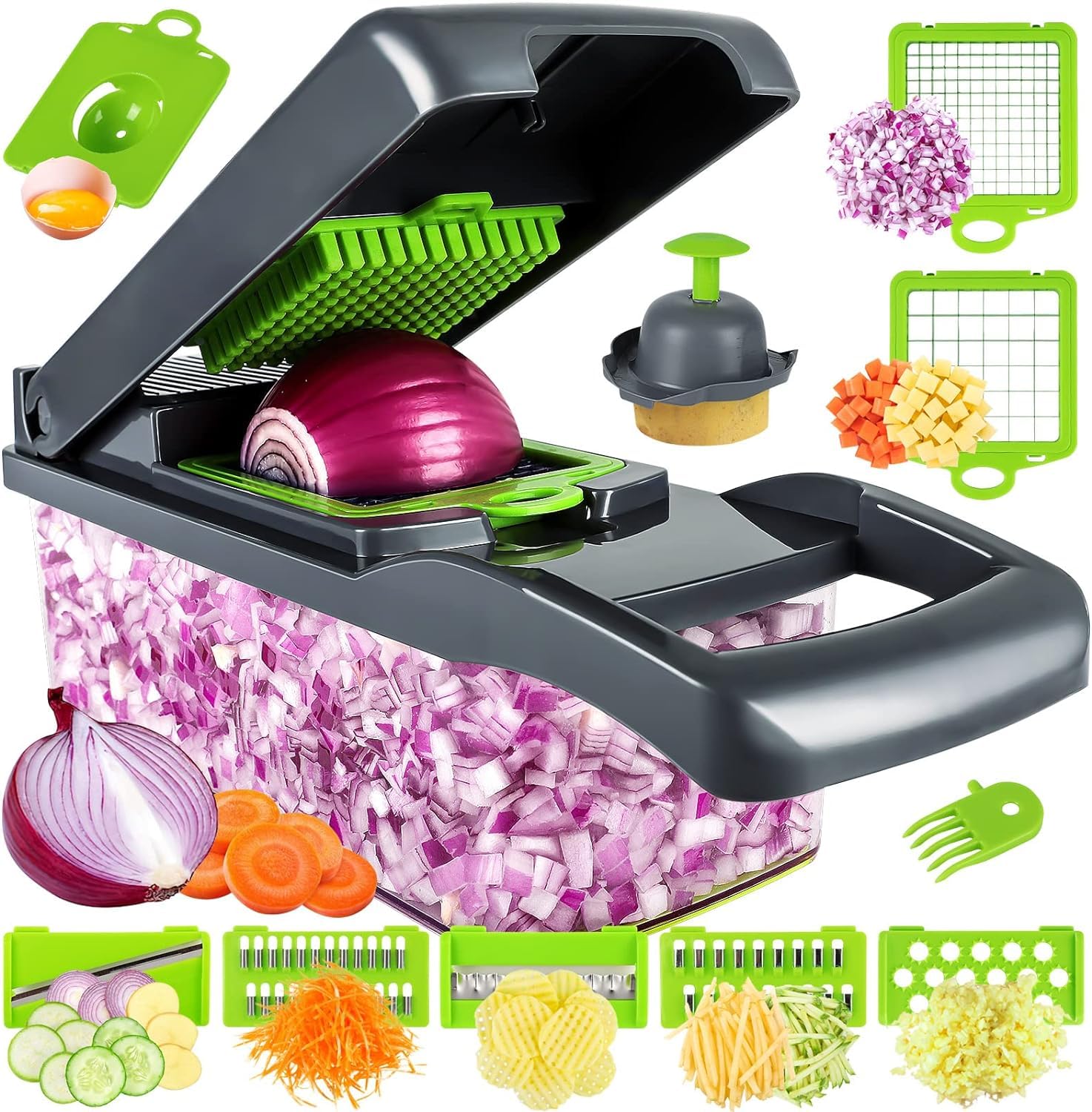 CalconoxVegetable Chopper, Pro Onion Chopper, Multifunctional 13 in 1 Food Chopper, Kitchen Vegetable Slicer Dicer Cutter,Veggie Chopper With 8 Blades,Carrot and Garlic Chopper With Container