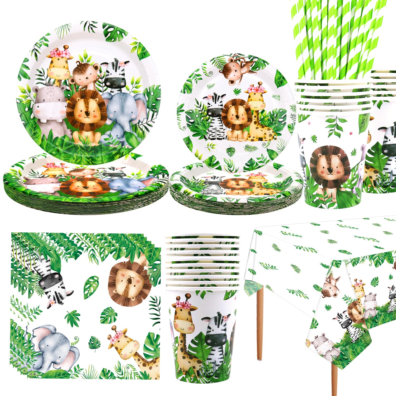 Safari Jungle Birthday Tableware Set - Wild One 1st Birthday Decorations - Dinner Plates Desserts Plates Cups Napkins Tablecover Straws for Animal Party Supplies, Serves 20 (Serves 20)