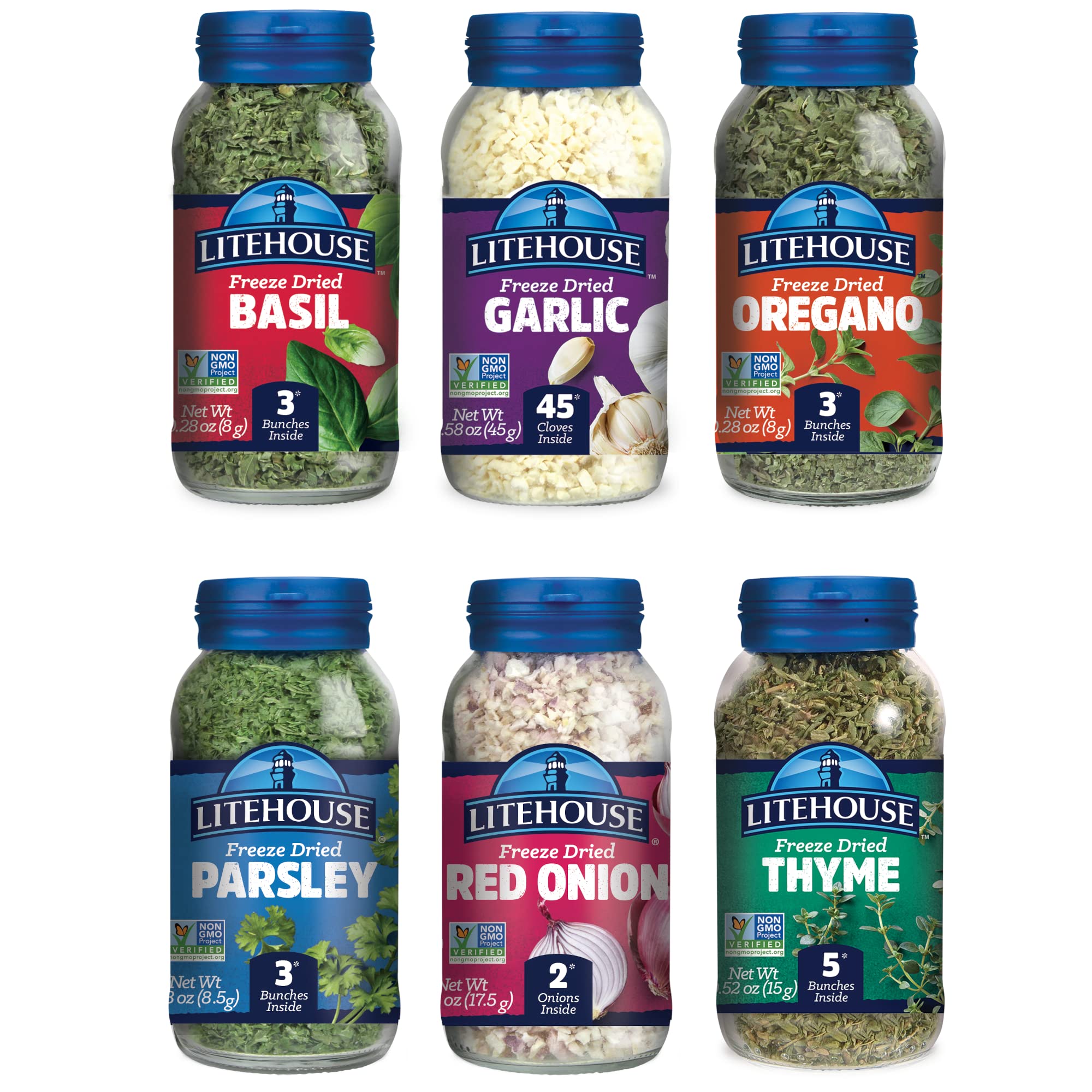 Litehouse Freeze-Dried Herb Pantry Staple (Garlic, Jalapeno, Spring Onion, Ginger, Red Onion, and Poultry Herb Blend) - Substitute for Fresh Herbs, Gluten-Free, Keto Friendly, Non-GMO - 6-Pack