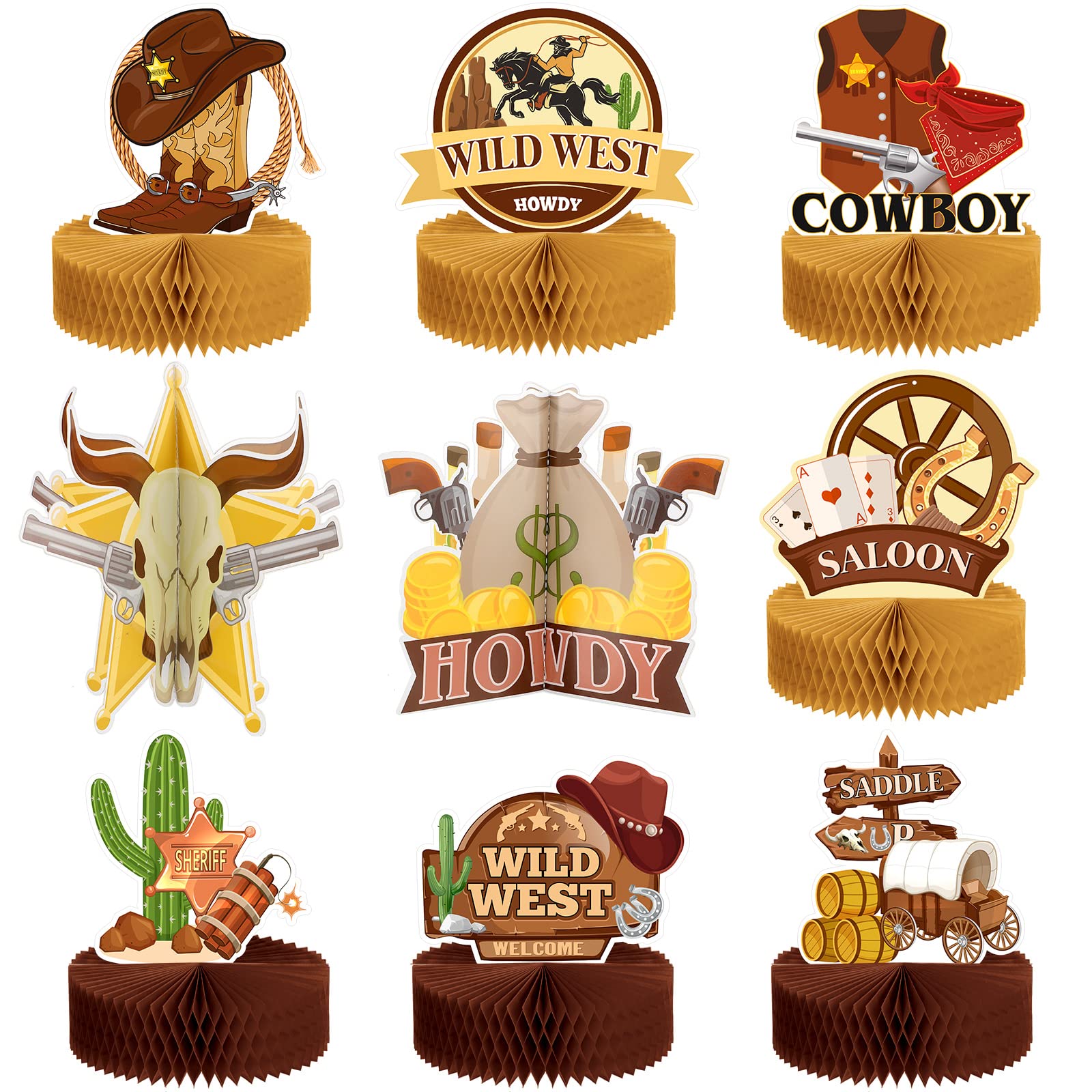 9 Pieces Wild West Cowboy Party Decorations Paper Honeycomb Table Decor Farm Western Theme Centerpiece Western Party Table Decor Honeycomb Table Topper for Birthday Party Favors Baby Shower Supplies