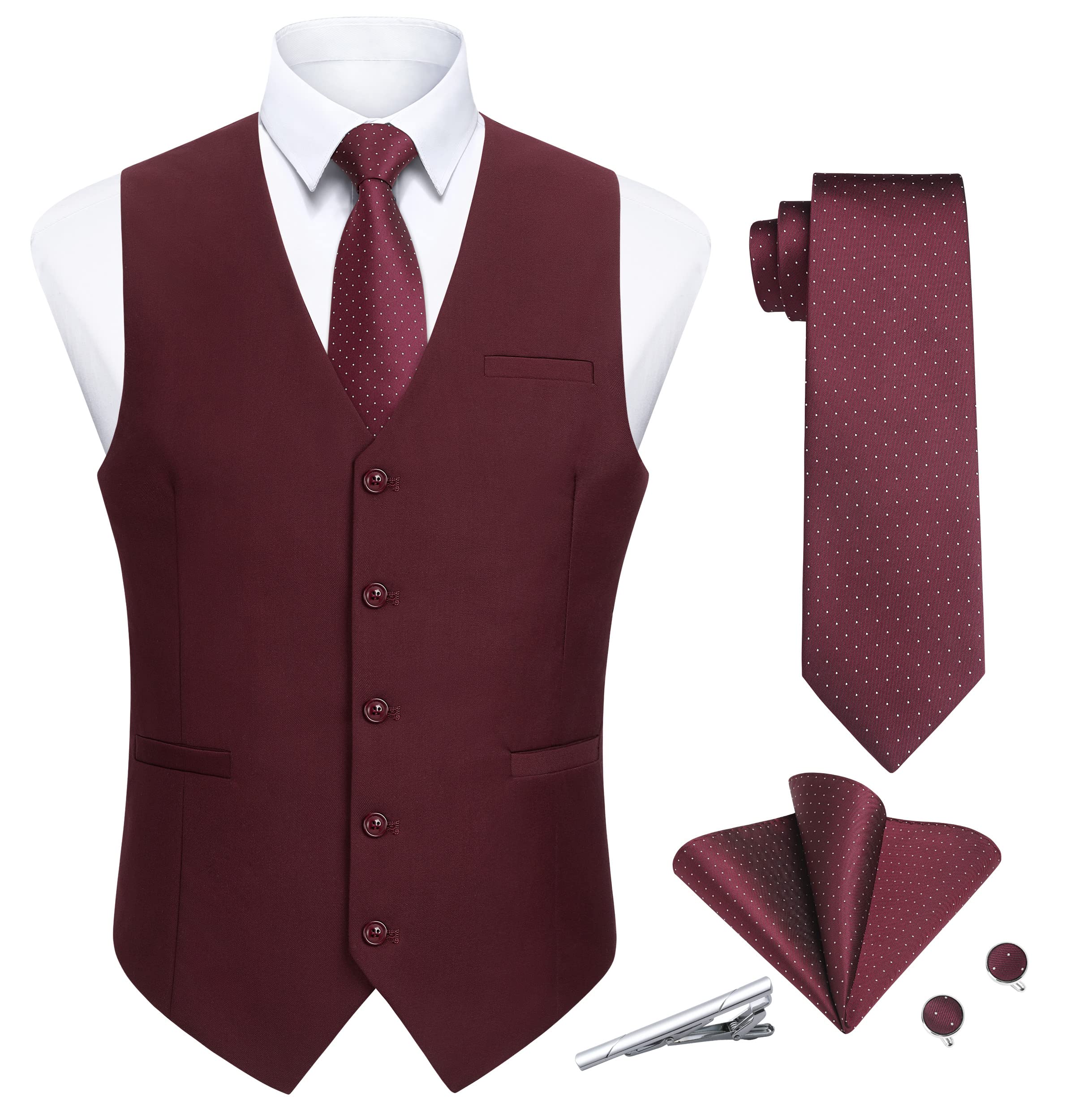 EnlisionMen's 5pc Waistcoats Formal Waistcoat Cotton Solid Color With Necktie Pocket Square Set Business Suit Vest Set XS-4XL