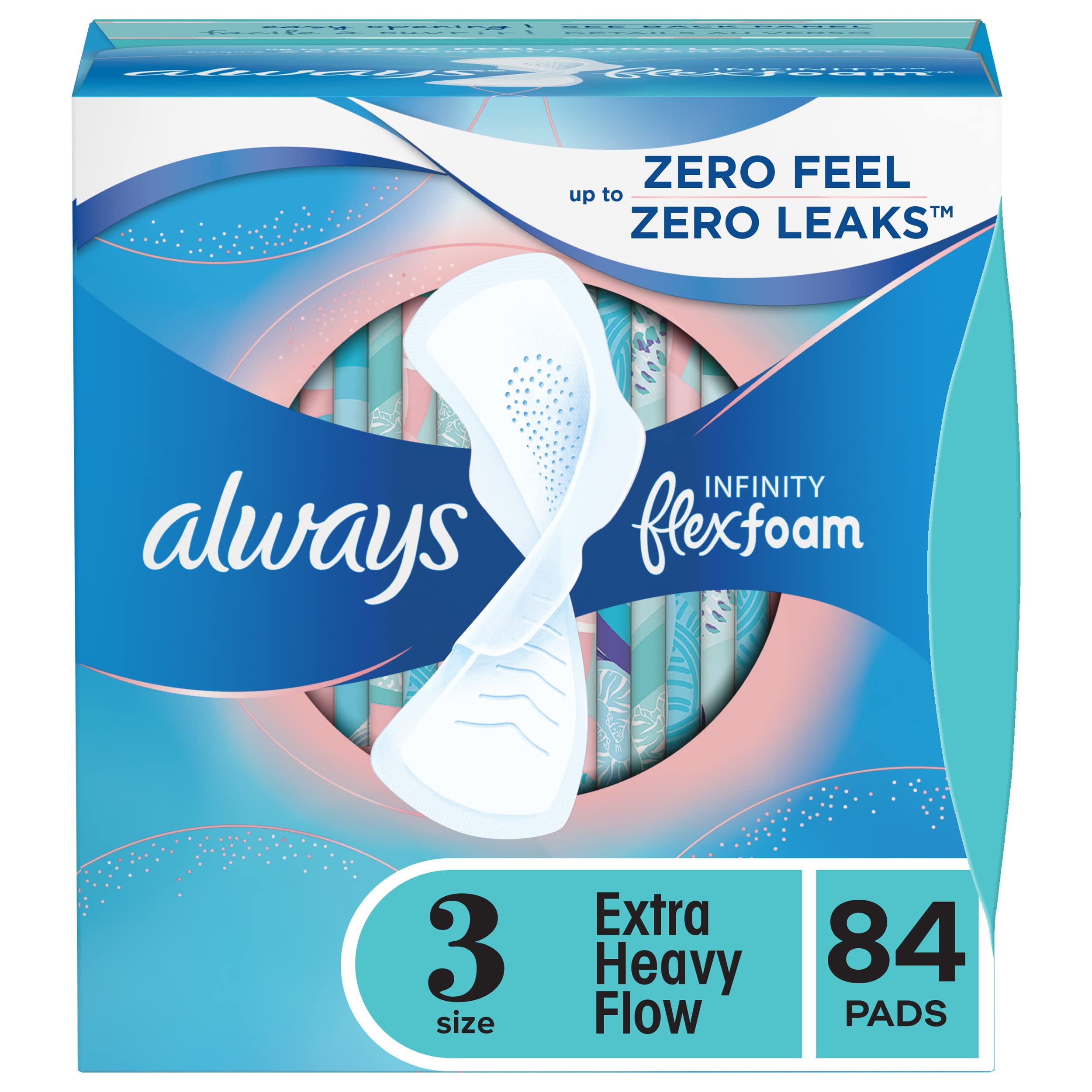 Always Infinity Feminine Pads for Women, Size 3, Extra Heavy Flow, with wings, Unscented, 28 count x 3 Packs (84 count total)