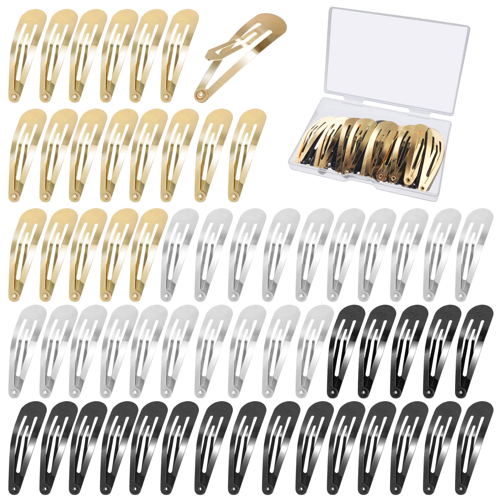 Lusofie60Pcs Snap Hair Clips Metal Hair Clips 2 Inch Hair Snap Clips Barrettes Simple Snap Barrettes for Women Girls with Storage Box(Gold, Silver, Black)