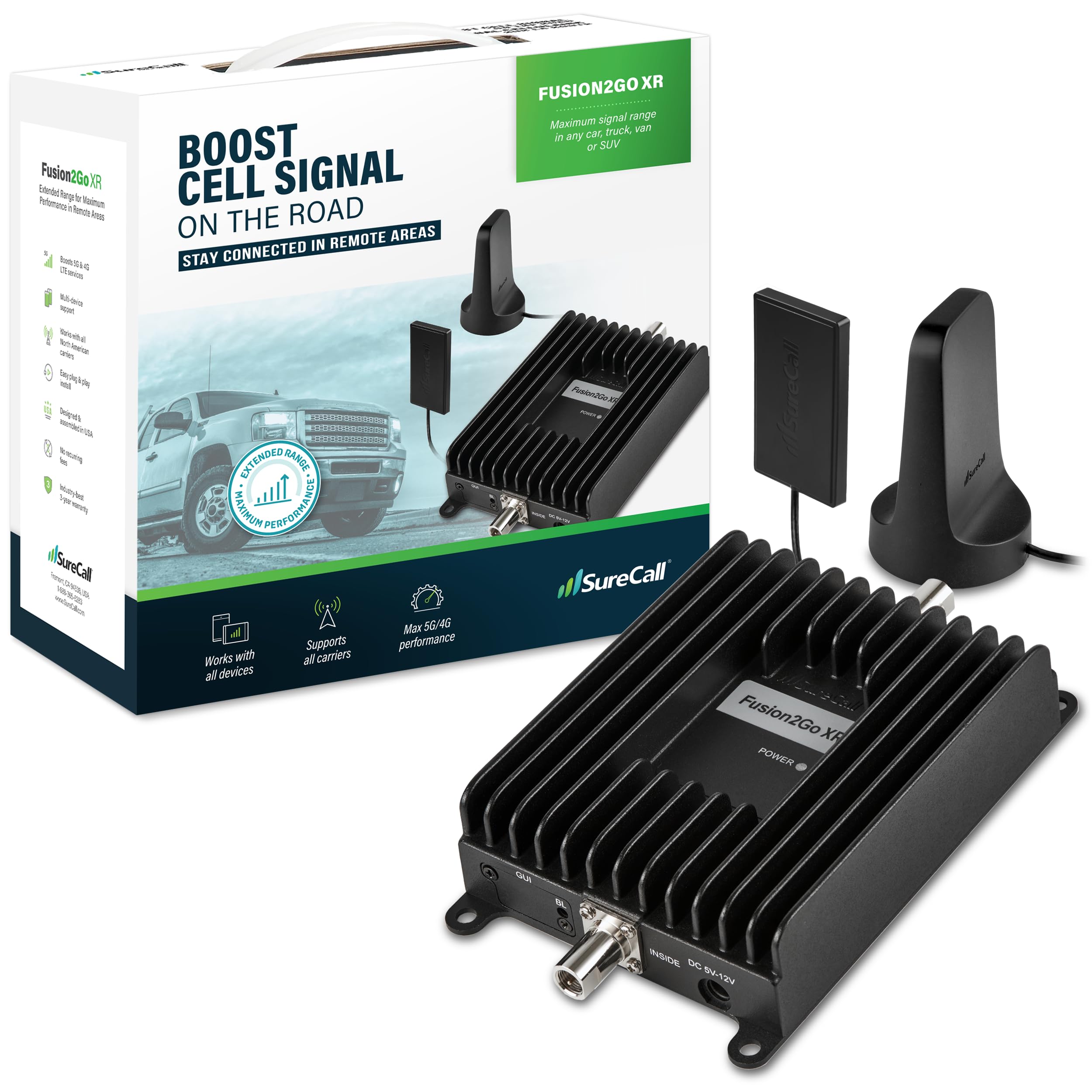 SureCall Fusion2Go XR Vehicle Cell Phone Signal Booster for Car, Truck, SUV | Boosts 5G & 4G LTE for All U.S. Cellular Carriers - Verizon, AT&T, T-Mobile | High-Performance, USA Company, FCC Approved