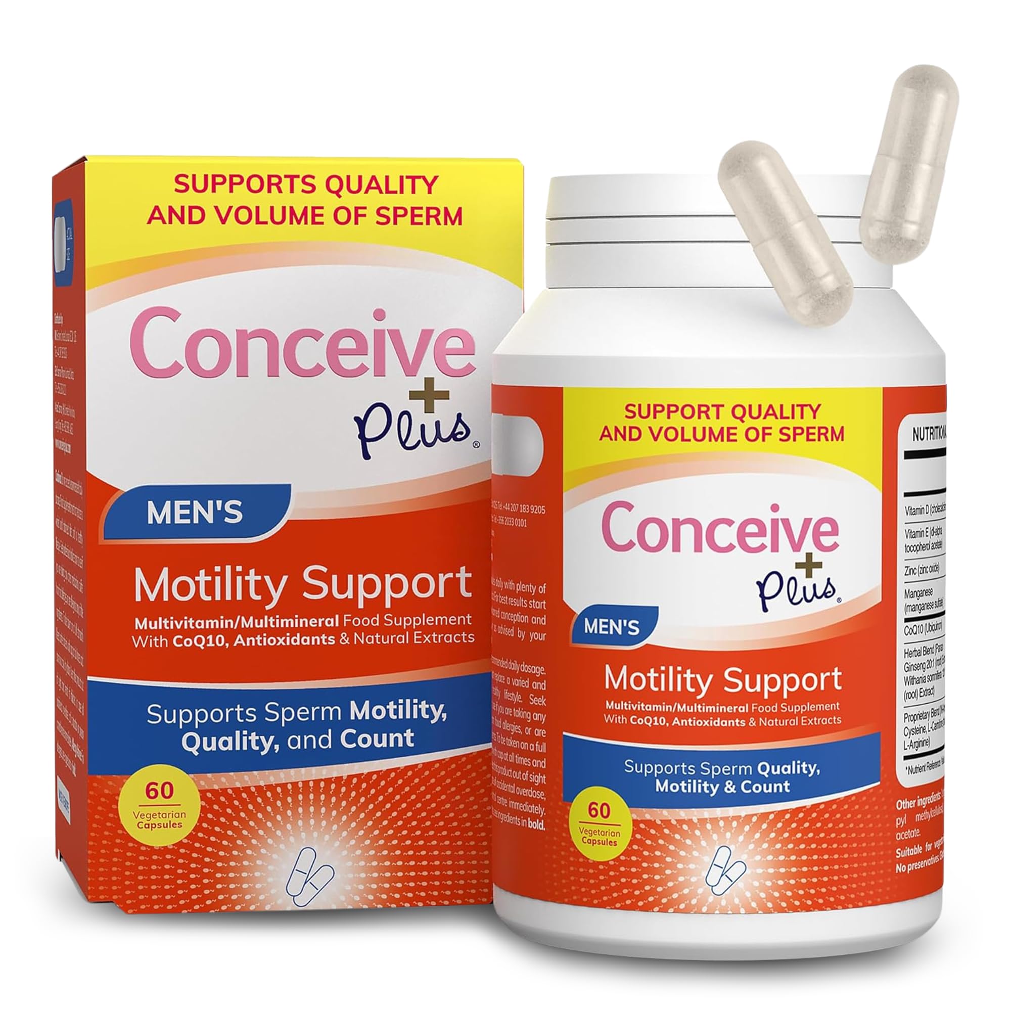 Conceive Plus Men's Motility Support - Boost Sperm Quality & Count - Enhanced Male Reproductive Health & Fertility - Male Motility Supplement With Ginseng, Zinc, L-Arginine & L-Carnitine - 60 Capsules