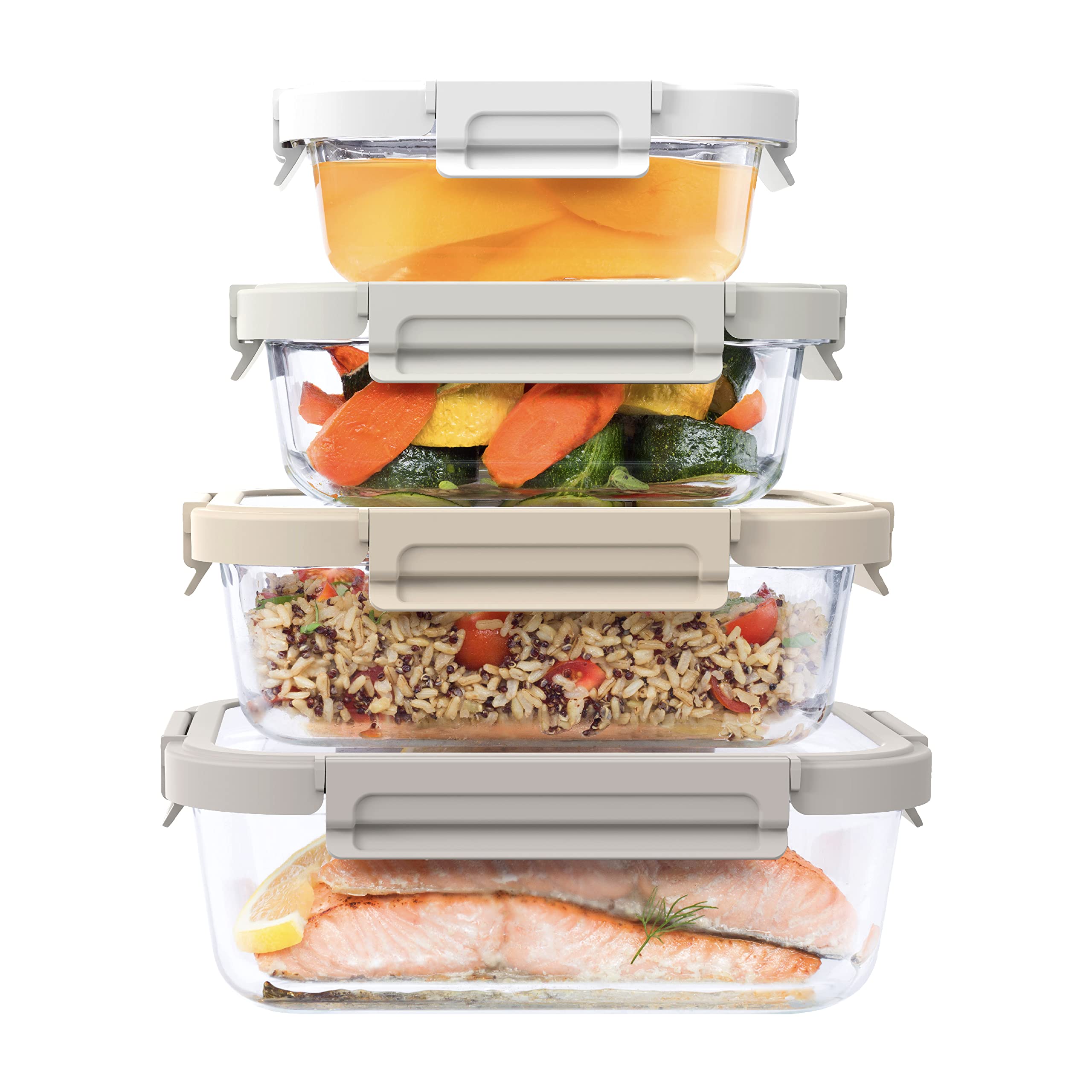 BentgoGlass Leak-Proof Food Storage Set - 8 Piece Stackable 1-Compartment Meal Prep Containers & Airtight Locking Lids, Reusable, BPA-Free, Microwave, Freezer, Oven, Dishwasher Safe (White Stone)