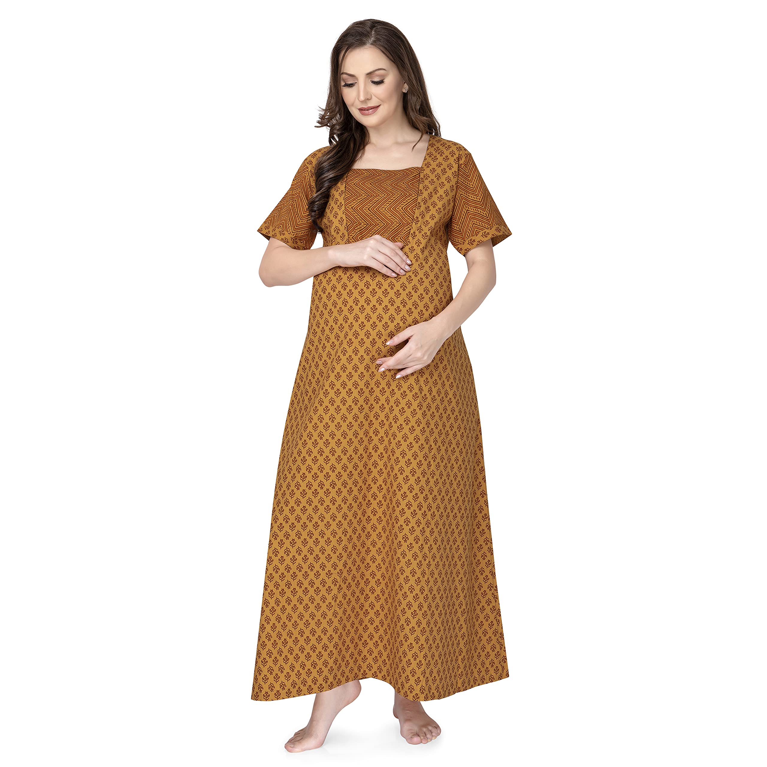 Saachi Women's Cotton Floral Maxi Nightgown [Mustard Yellow , M]