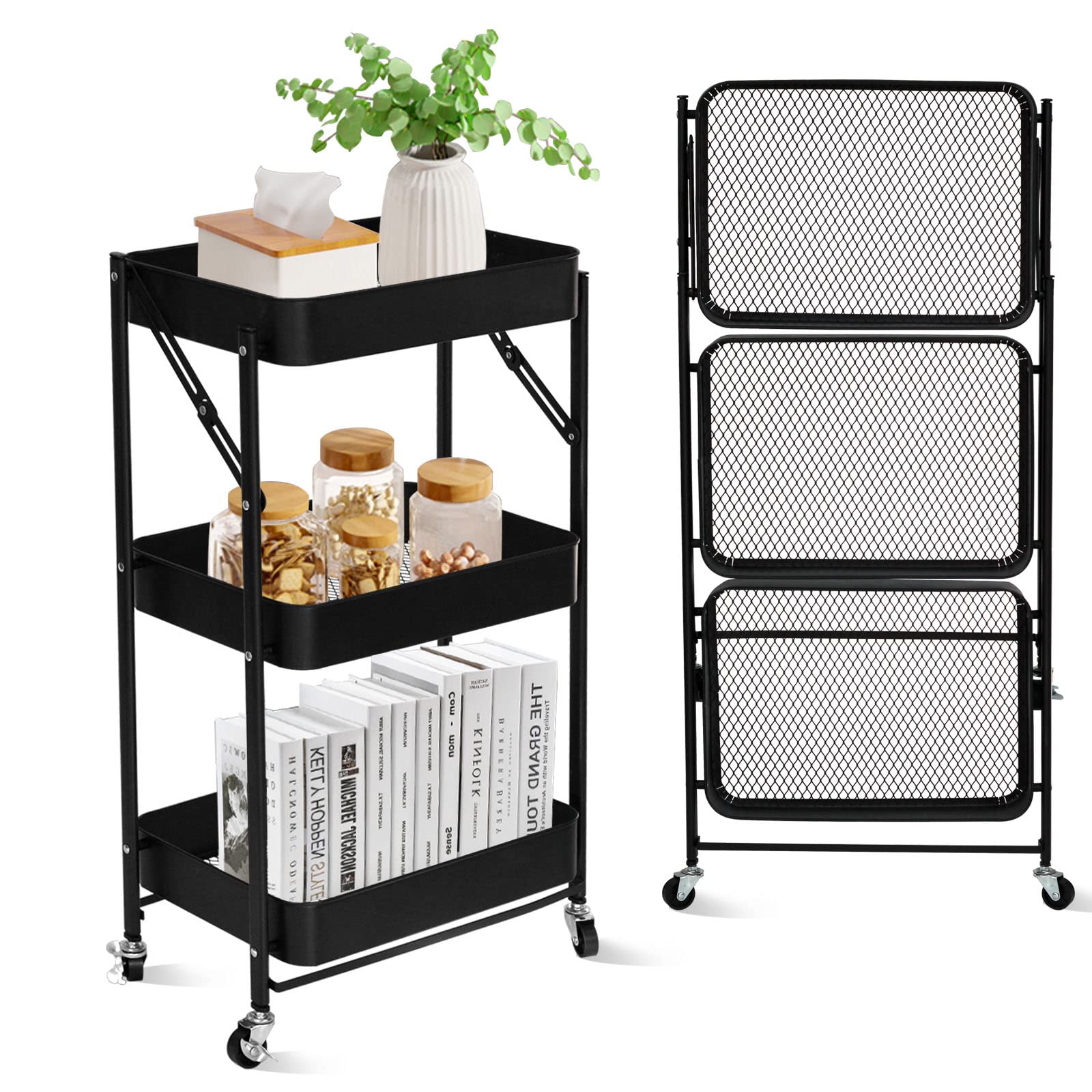 SKY-TOUCH 3 Tier Foldable Metal Rolling Utility Cart Organizer, 46x30x76cm Multipurpose Organizer Trolley with Casters for Kitchen, Bedroom, Bathroom, Office, Laundry Room and Garage Black