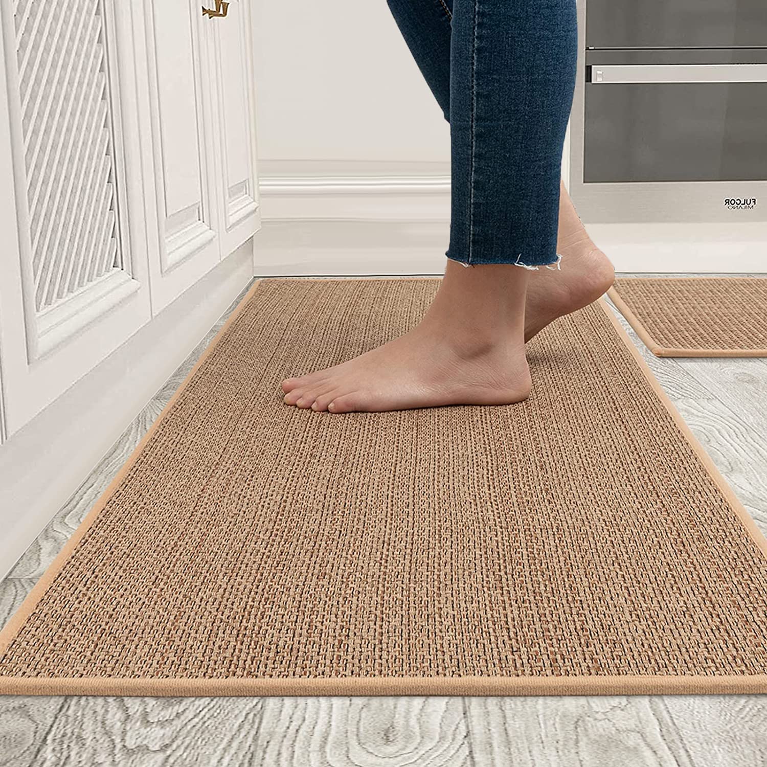 Angju Kitchen Rugs and Mats Washable [2 PCS] Non-Skid Natural Rubber Kitchen Mats for Floor Runner Rugs Set for Kitchen Floor Front of Sink, Hallway, Laundry Room 44cm*75cm+44cm*120cm (Oats)