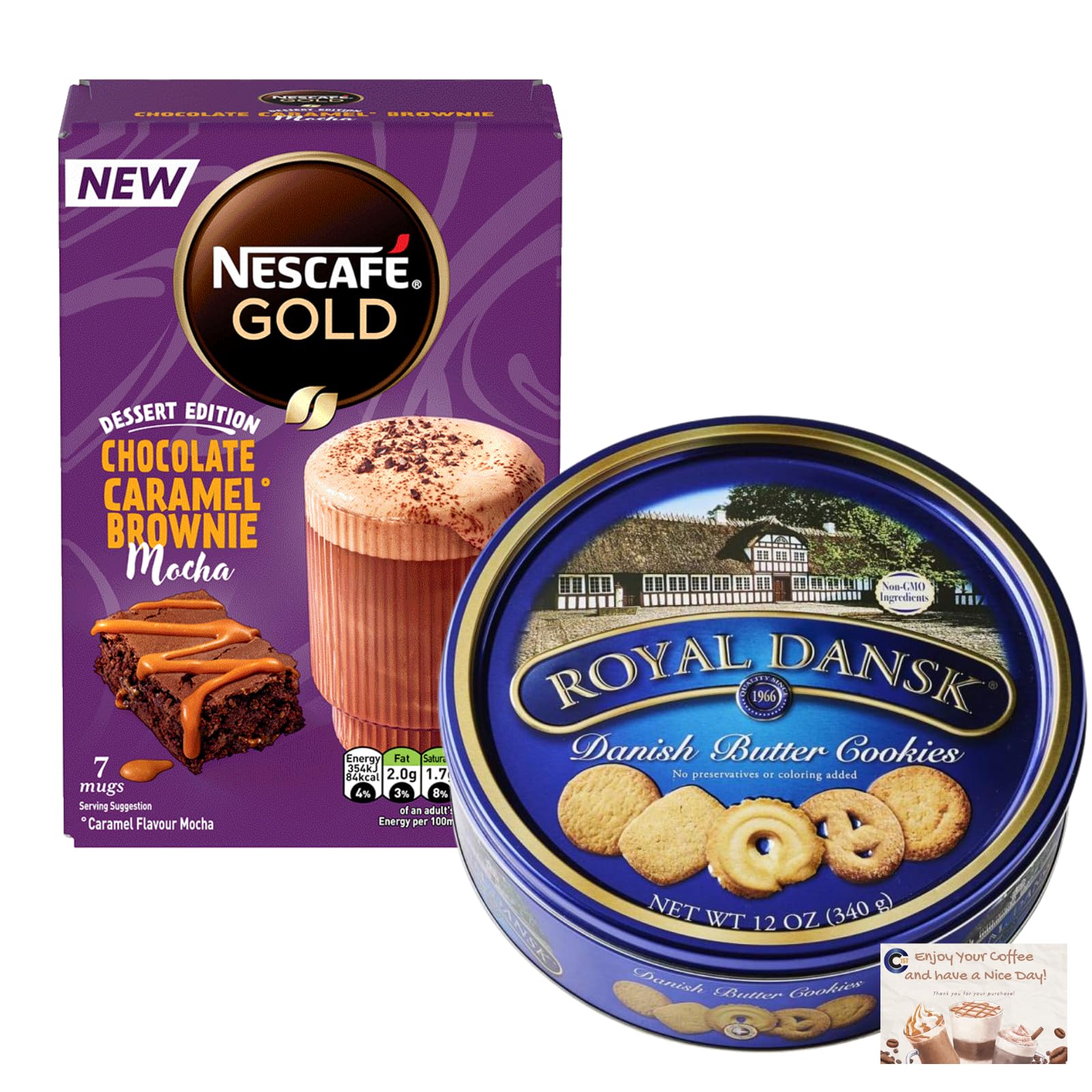 Royal Dansk Danish Butter Cookies (340g) Bundled With Nescafe Chocolate Caramel Brownie Mocha Coffee Sachets (7 x 21.4g)