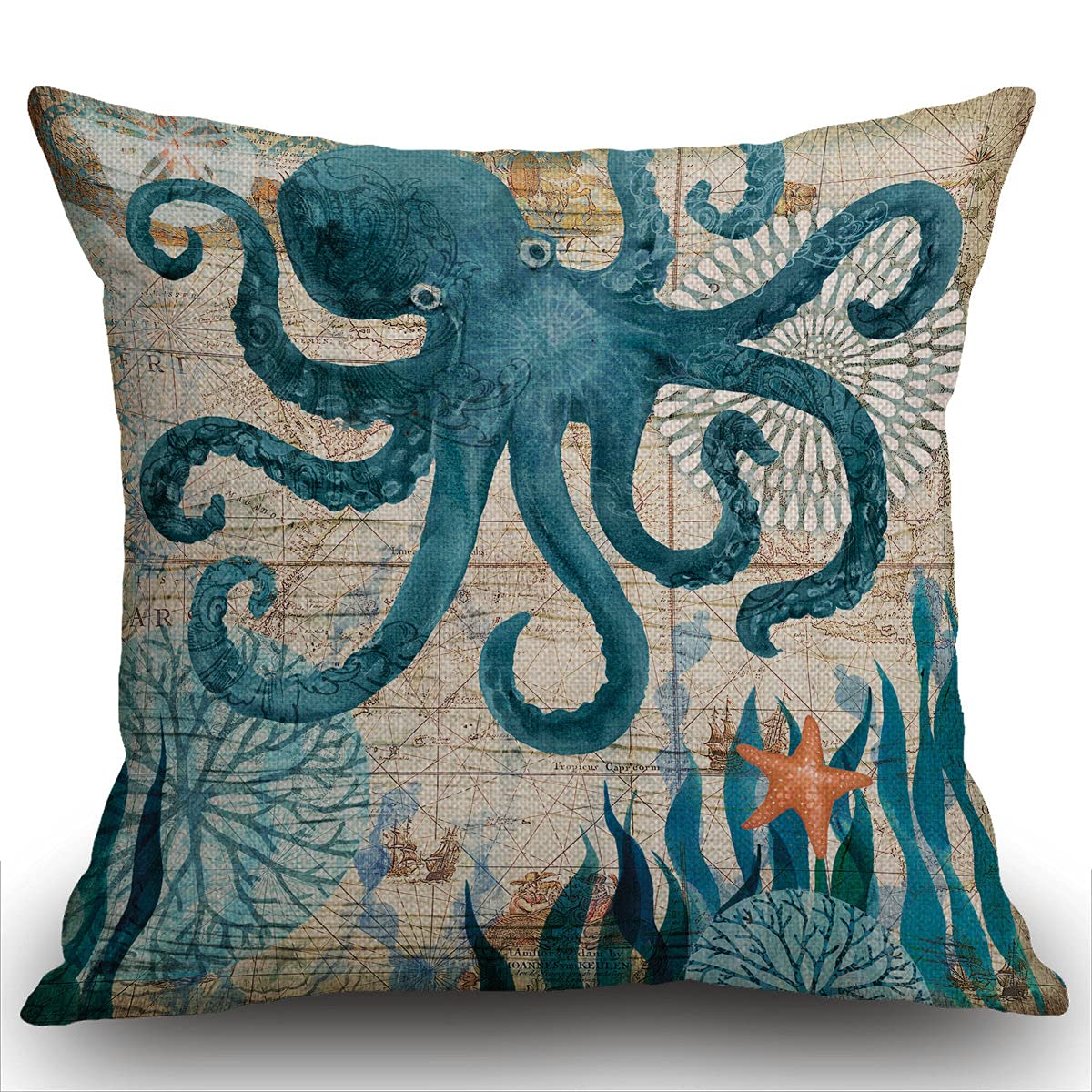 SmoofflySmooffly Octopus Cushion Cover Cotton Linen Pillowcase Square Throw Pillow Cover Home Sofa Bedroom Decorative 18"X18" Blue 45 x 45 cm