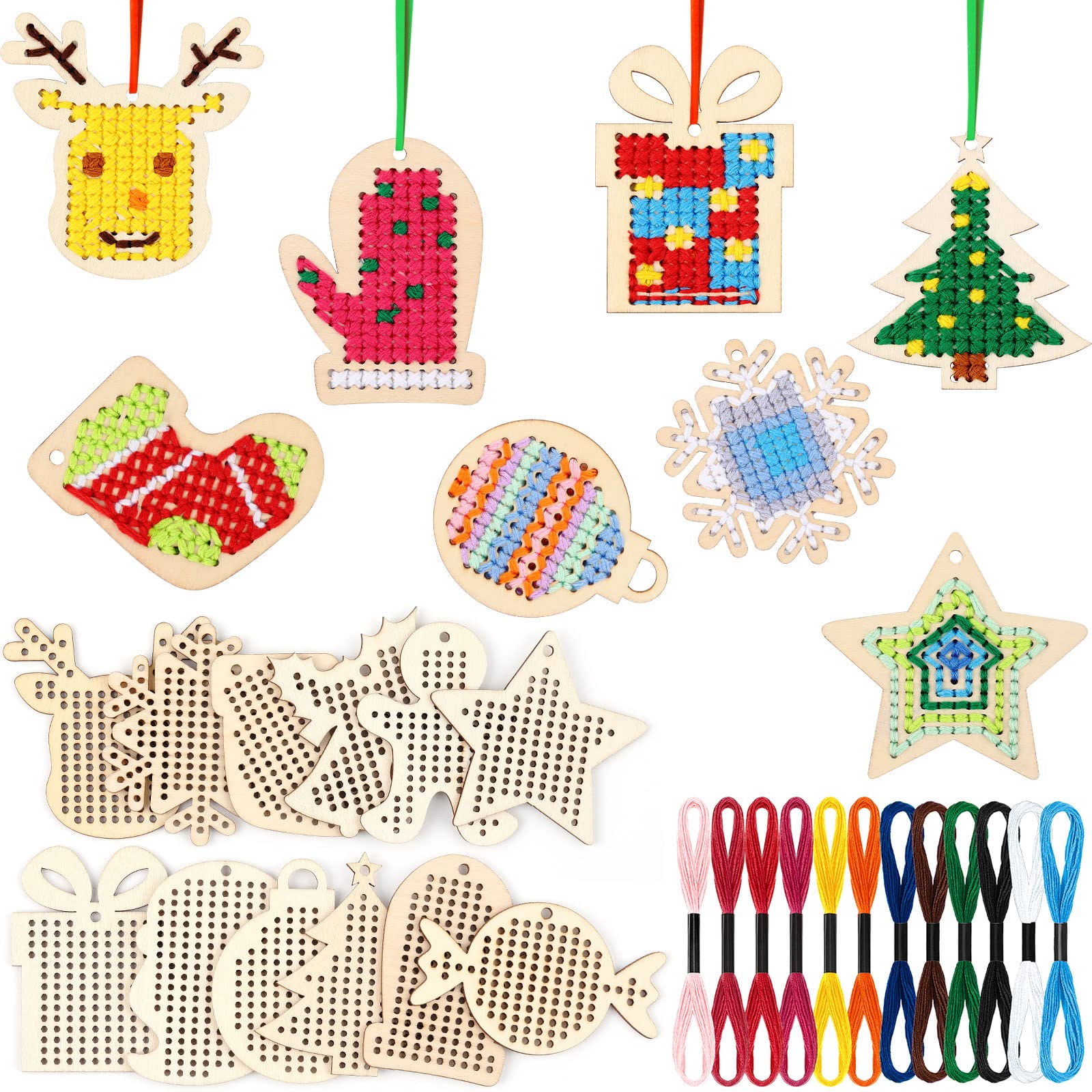 Blulu24 Pieces Christmas Wooden Cross Stitch Kits Cross Stitch Christmas Tree Ornaments Hanging Decorations Arts and Crafts Beginners DIY Project