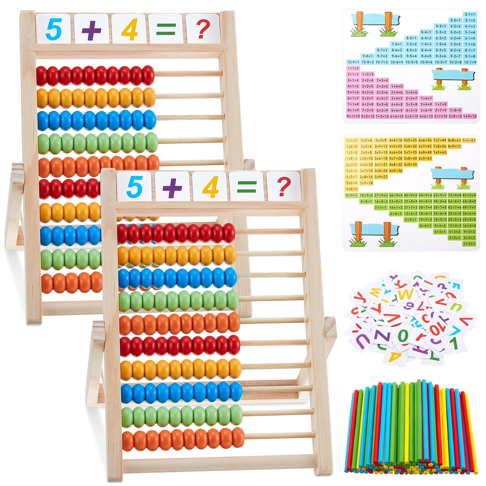 Shappy 2 Sets Preschool Math Learning Toy Educational Math Games Wooden Abacus Wooden Frame Abacus with Multi Color Beads, Number Alphabet Cards, Counting Sticks for Boys Girls Gift