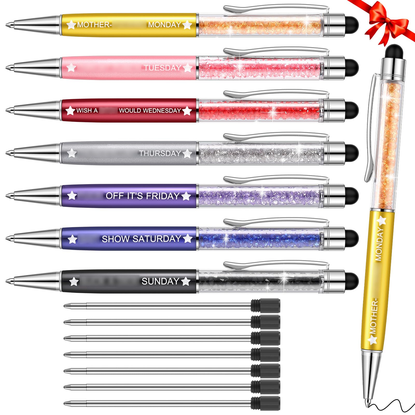 Sabary 7 Pcs Swear Word Daily Pens Funny Seven Days of the Week pens Cuss Word Negative Snarky Office Dirty Ballpoint Pens for Colleague Co-worker adult, Black Ink(Crystal)