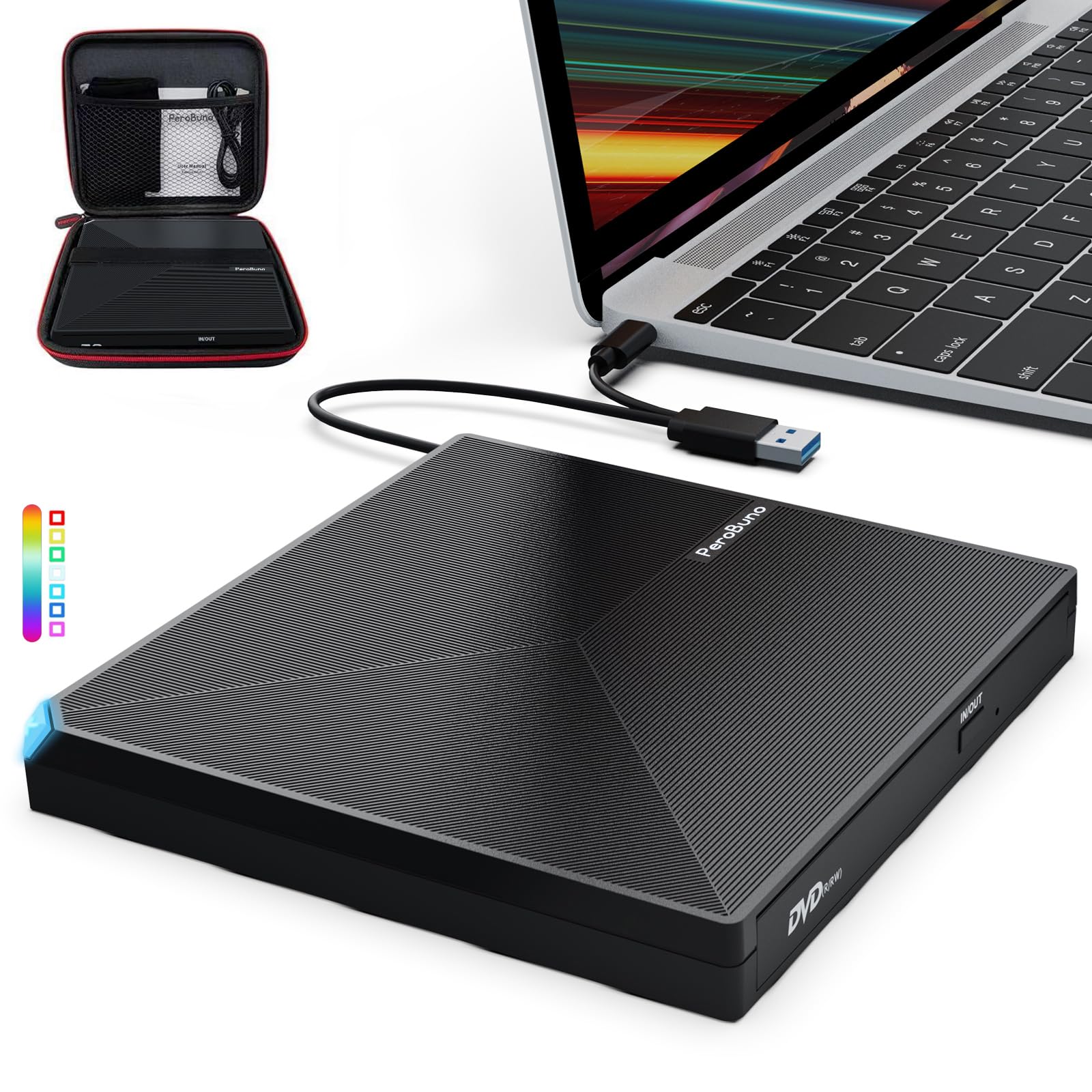 Perobuno External CD DVD Drive, USB 3.0 and Type C External CD Burner, CD/DVD -/+RW External CD DVD Player for PC Laptop Desktop iMac MacBook Pro/Air Windows 11/10/8/7/XP Linux Mac OS with Case