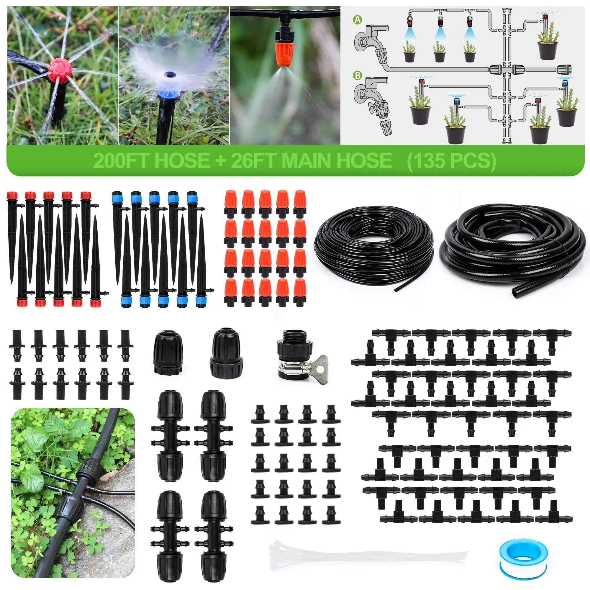 MAKINGTEC Greenhouse Micro Drip Irrigation Kit Automatic Patio Misting Plant Watering System with 1/4 inch 1/2 inch Blank Distribution Tubing Hose Adjustable Nozzle Emitters Sprinkler Barbed Fittings