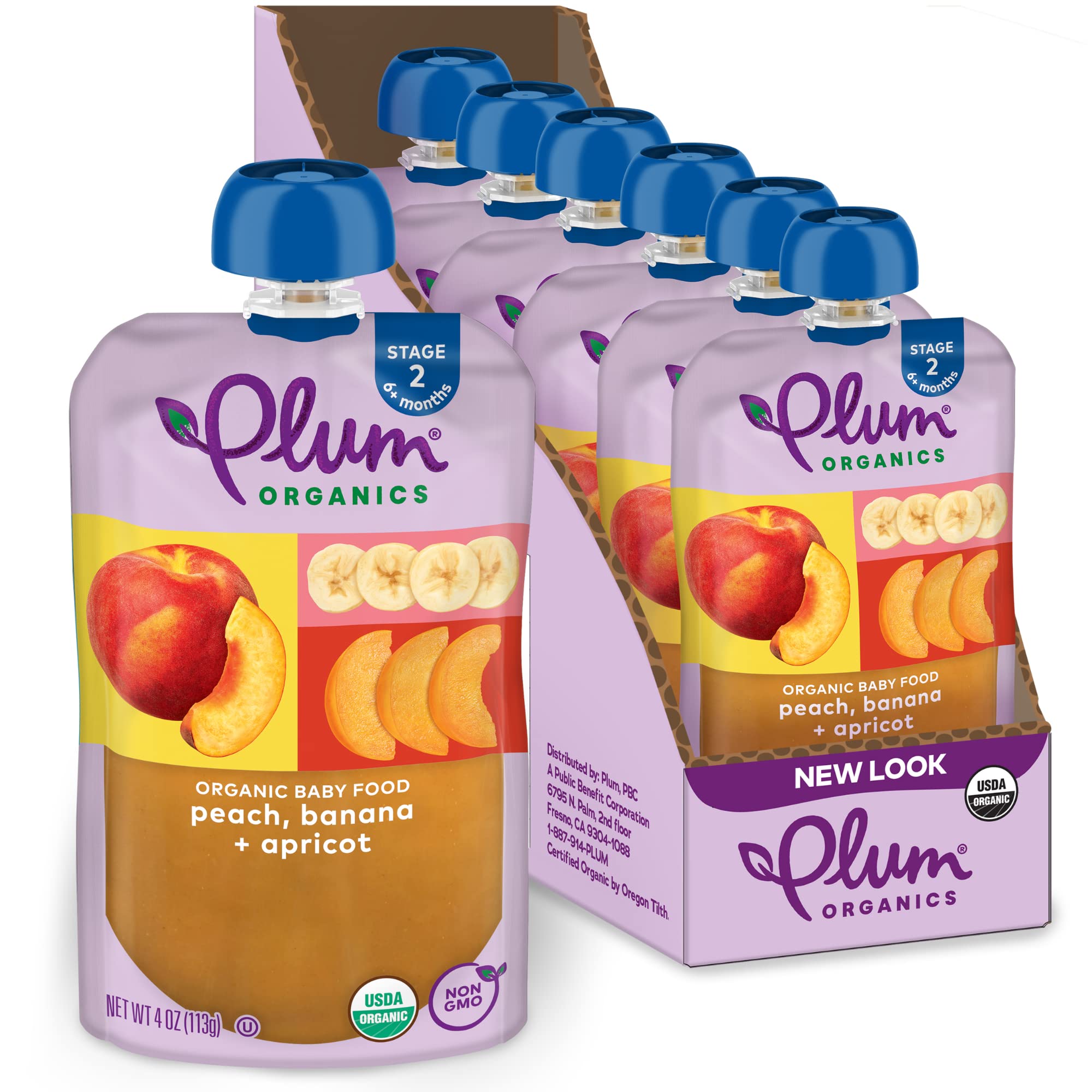 Plum Organics Stage 2 Organic Baby Food - Peach, Banana, and Apricot - 4 oz Pouch (Pack of 6) - Organic Fruit and Vegetable Baby Food Pouch