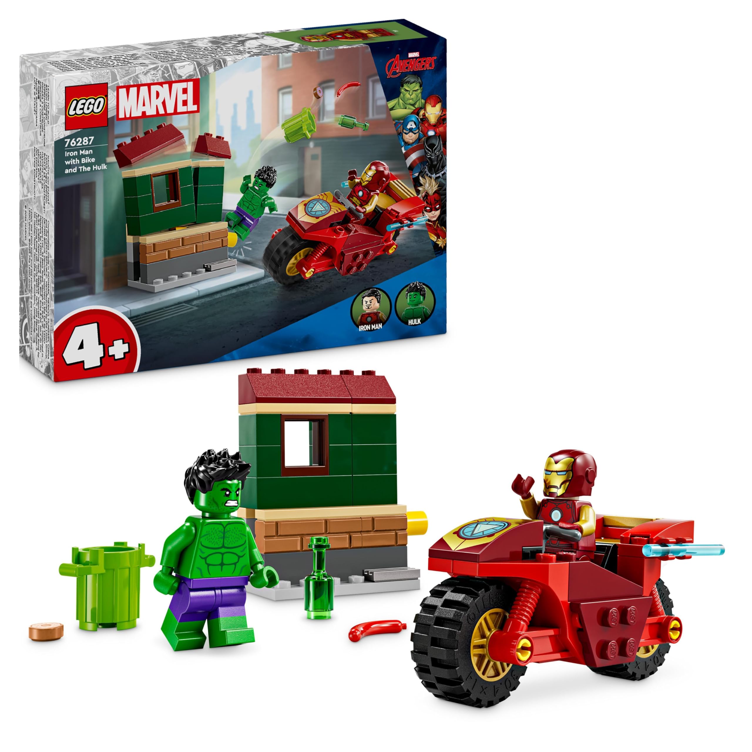 LEGOMarvel Iron Man with Bike and The Hulk, Super Hero Building Toy for Kids, Collectible Playset with Vehicle and Minifigures, Gift for Boys and Girls Aged 4 and Over 76287