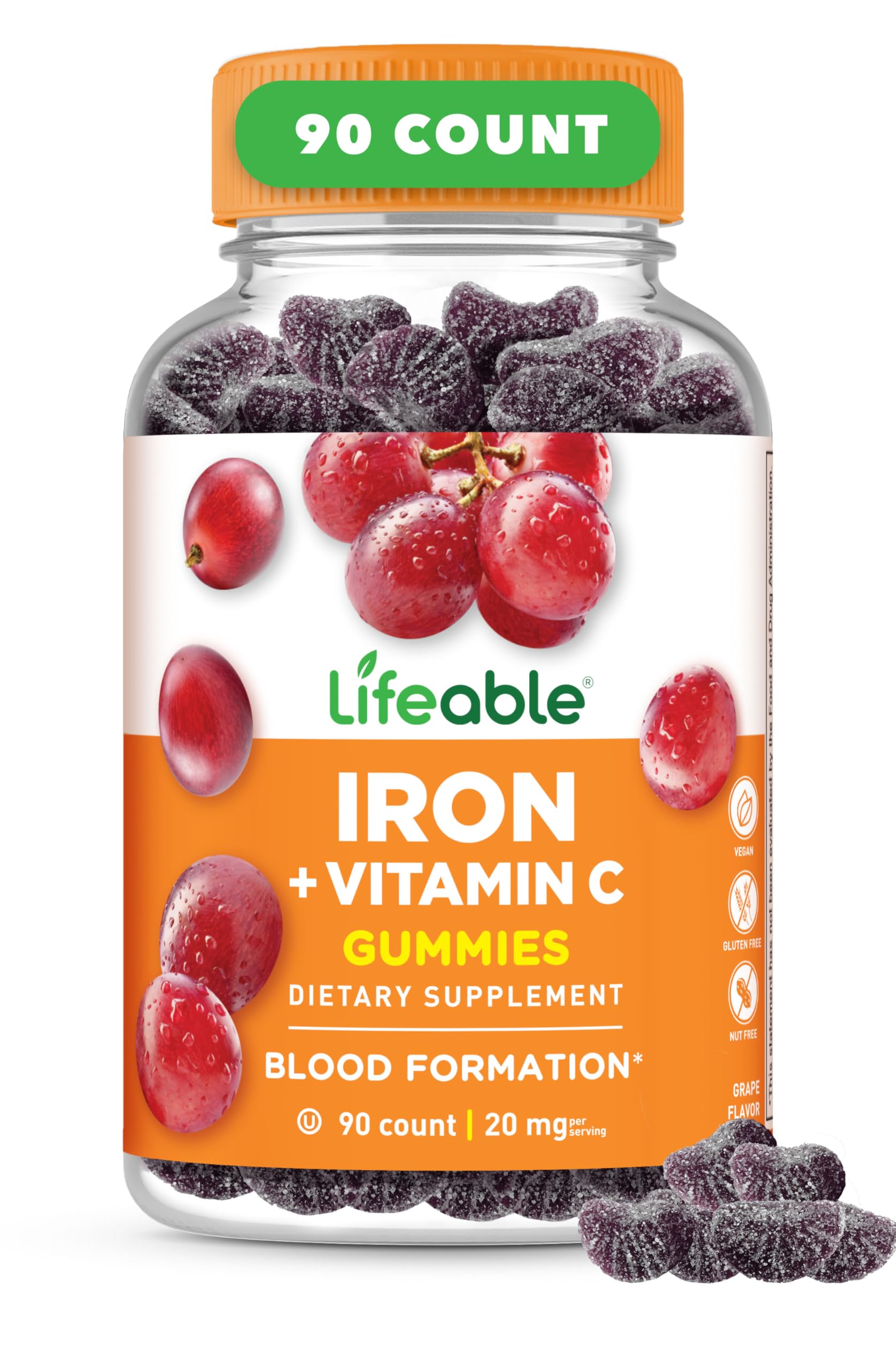 LifeableIron Gummies | 20mg | with Vitamin C | Great Tasting Blood Builder Iron Supplement | Iron with Vitamin C for Iron Deficiency | Iron Gummies for Women, Men, Adults | 90 Gummies