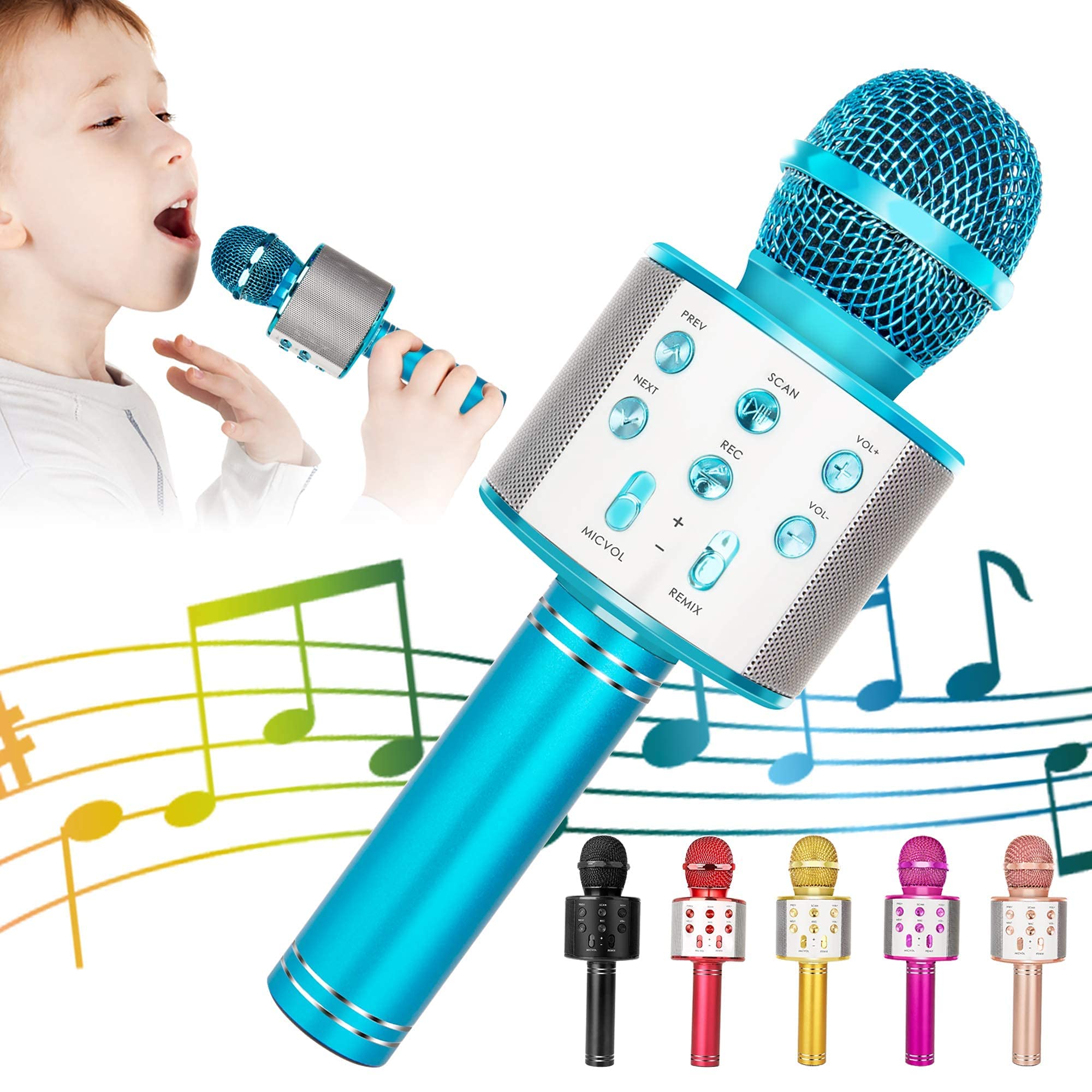 KIDWILLKaraoke Wireless Bluetooth Microphone for Kids, 5-in-1 Portable Handheld Karaoke Mic Speaker Player Recorder with Adjustable Remix FM Radio for Kids Adults Birthday Party KTV Christmas (Blue)