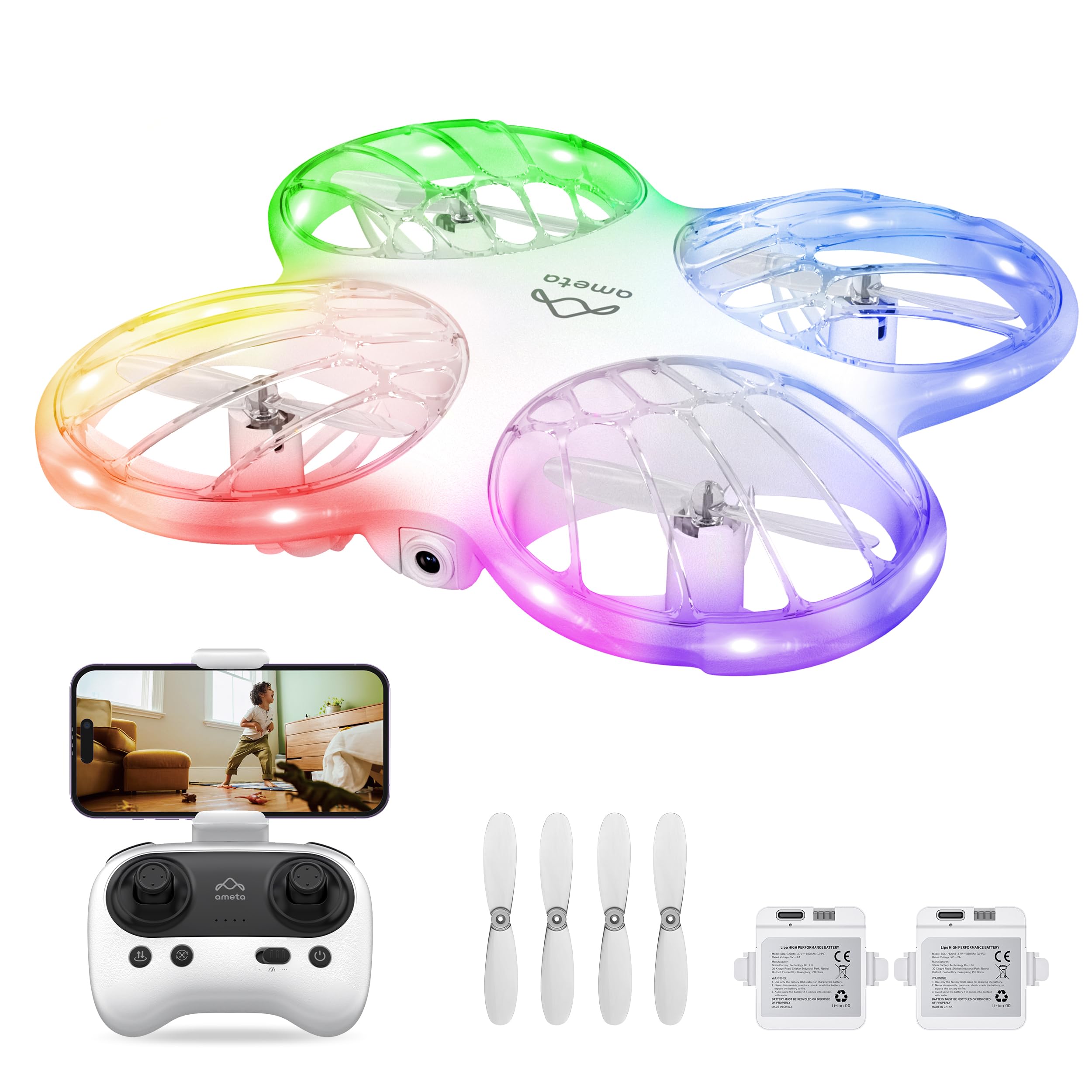 Ameta Morpho Drone for Kids with Camera 1080P HD, FPV Mini Drones for Beginners with 32 RGB Light/Circle Fly/ 3D Flip/ 18min Flight Time/Lost Buzzer, Cool Toys Gifts for Boys Girls, Under 250g