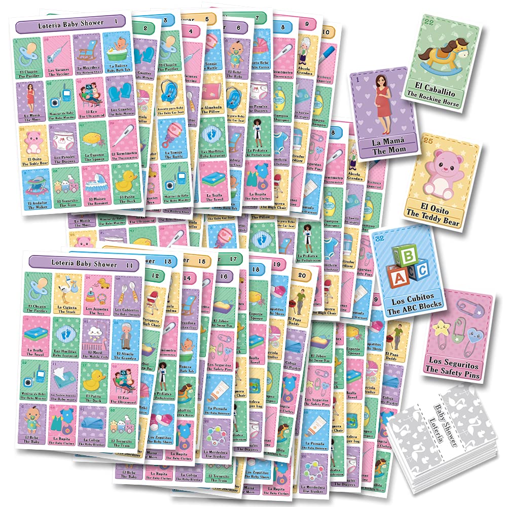 MoreFiesta Baby Shower Loteria Bingo - Bilingual English Spanish, for up to 40 Players