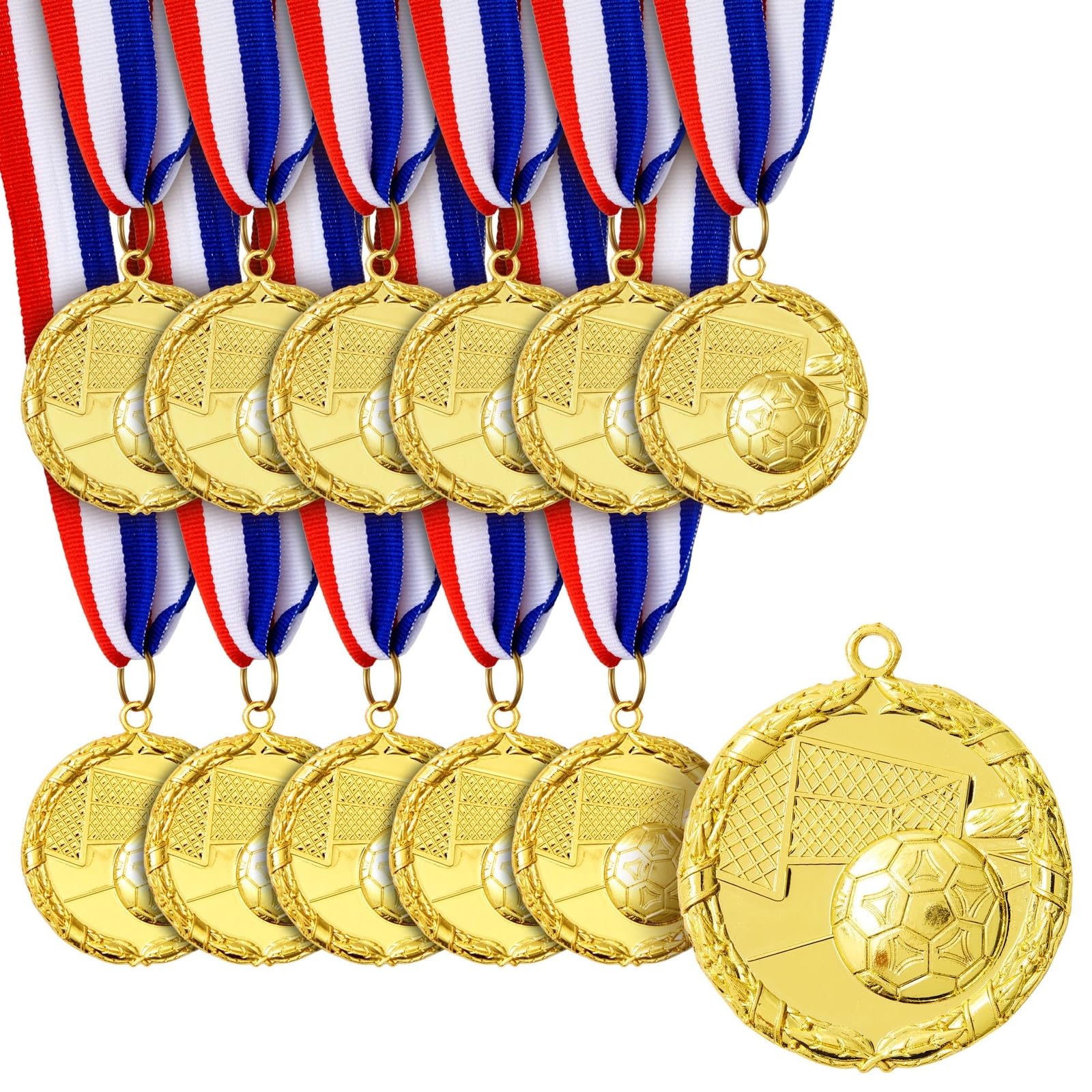 Juvale 12 Pack Award Medals for Adults - Team Participation Trophies with Red, White, and Blue Striped Ribbon, Sports Themed Party Favors (2 in, Metal, Gold)