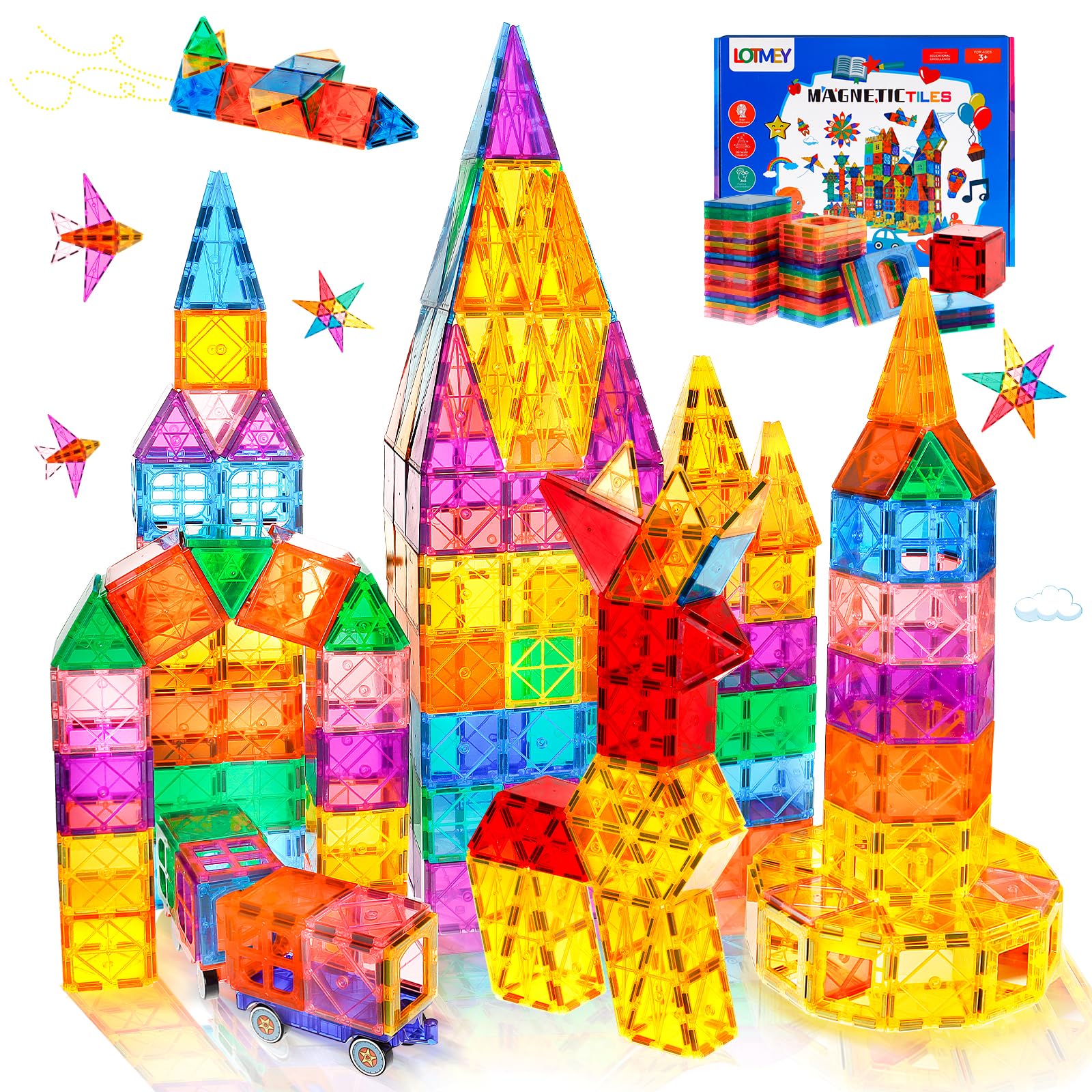 Magnetic Tiles Building Blocks, 108 PCS Magnetic Blocks Buliding Tiles Set, Magnetic Building Blocks with 2 Cars, Preschool Educational Magnetic Toys Stem Toys for Kids 3, 4-8